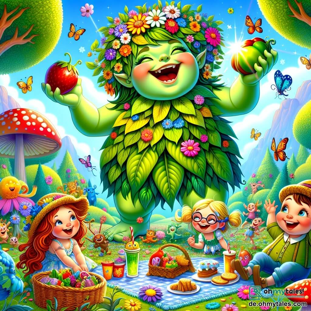 Illustration destinée aux enfants représentant un jardin magique et coloré, rempli de fleurs dansantes aux teintes vives et de grands arbres aux visages souriants, sous un ciel bleu éclatant. Au centre, un géant amical avec une peau verdoyante, vêtu d'une tunique faite de feuilles et de fleurs, sourit joyeusement tout en tenant une grande gousse de légumes dans ses mains. À ses côtés, une petite fille aux cheveux brillants comme des étoiles, vêtue d'une robe en pétales de fleurs, et un petit garçon espiègle avec des lunettes rondes et un chapeau de paille, tous deux riant et partageant des biscuits colorés. La scène capture l'instant où ils célèbrent un pique-nique joyeux, entourés de créatures rigolotes, avec des papillons virevoltant autour d'eux et une gousse de légumes scintillante au soleil.