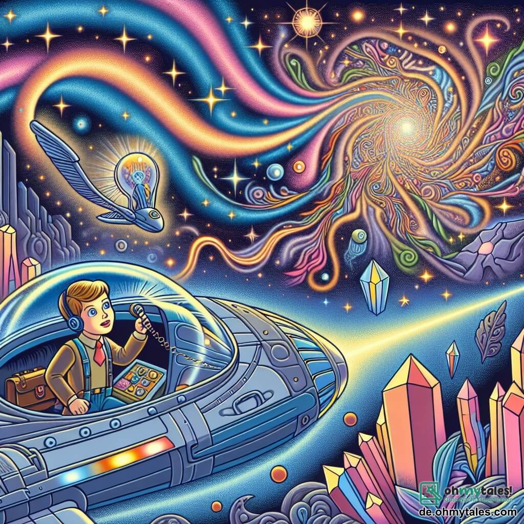 Une illustration destinée aux enfants représentant un jeune homme courageux explorant un mystérieux champ d'énergie pulsant à bord de son vaisseau spatial futuriste, accompagné par une voix bienveillante dans sa tête, dans un décor cosmique étincelant parsemé de gigantesques cristaux multicolores et d'un labyrinthe énigmatique en constante transformation.