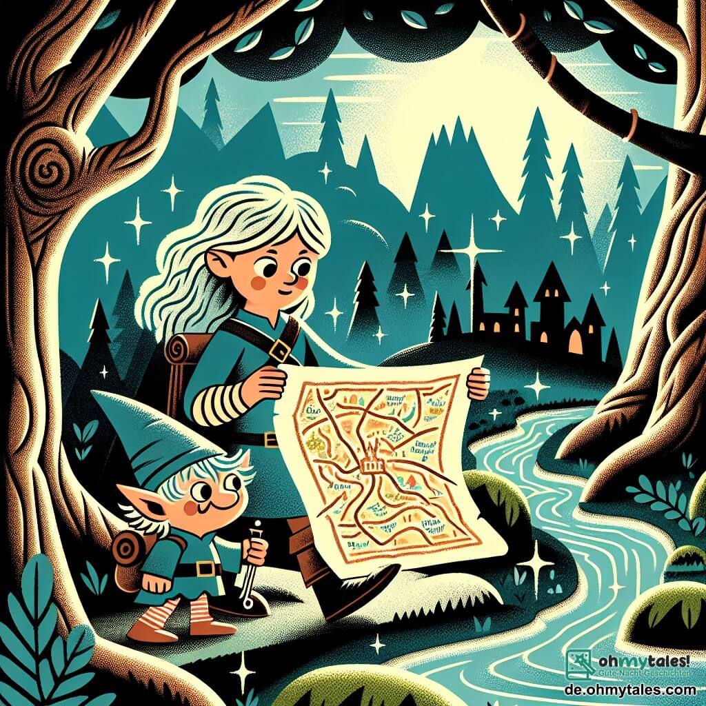 Une illustration destinée aux enfants représentant une jeune femme courageuse découvrant une ancienne carte menant à une mystérieuse ville, accompagnée d'un petit kobold malicieux, dans une forêt dense et mystique aux arbres noueux et aux ruisseaux étincelants.