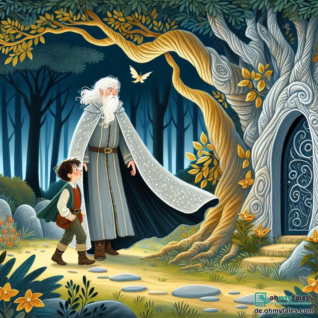 Une illustration destinée aux enfants représentant un jeune homme courageux explorant un mystérieux et enchanteur bois sombre, accompagné d'un sage et bienveillant sorcier vêtu d'une longue cape scintillante, dans une clairière magique où un arbre ancien aux feuilles d'or et à l'écorce argentée abrite une porte secrète menant à des aventures extraordinaires.