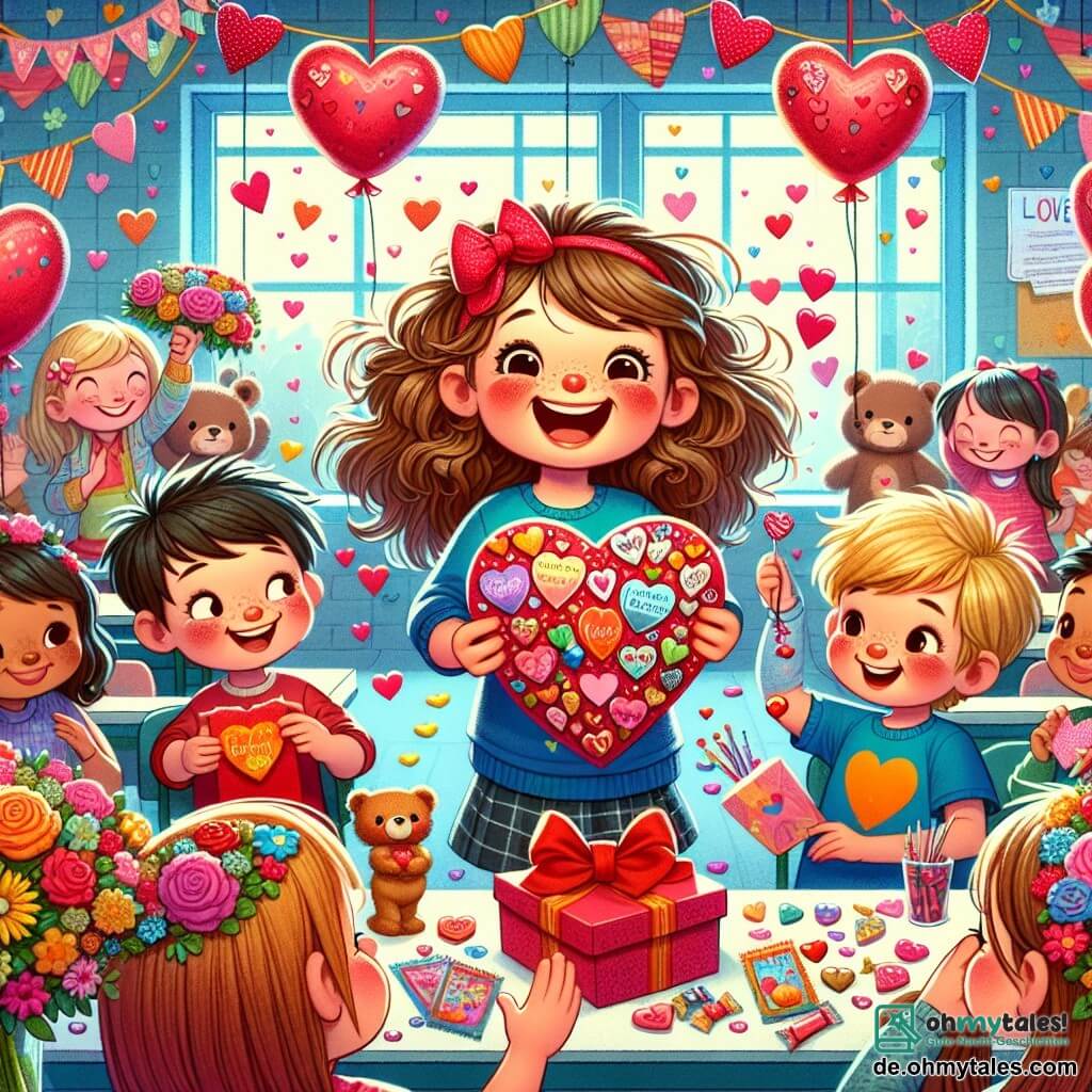 Illustration eines bunten und fröhlichen Klassenzimmers, dekoriert mit Papierherzen und Blumenketten zur Feier des Valentinstags. In der Mitte steht ein 11-jähriges Mädchen mit lockigem, hellbraunem Haar, das ein blaues T-Shirt mit einem großen roten Herzen trägt und begeistert lächelt, während es ein großes, mit Erinnerungen und Süßigkeiten dekoriertes Papierherz hält. Neben ihr schaut ein 8-jähriger Junge mit zerzausten blonden Haaren und einem schelmischen Gesicht bewundernd auf das Herz, das sie präsentiert, während er eine kleine Box mit Gummibärchen in seinen Händen hält. Die Szene fängt die Aufregung des Moments ein, als das Mädchen ihrem besten Freund ihr Geschenk überreicht, umgeben von anderen Kindern, die Karten und Süßigkeiten austauschen, was eine festliche und herzliche Atmosphäre schafft. Herzförmige Ballons schweben an der Decke, und Gelächter erfüllt die Luft, was zur Magie dieses besonderen Tages beiträgt.
