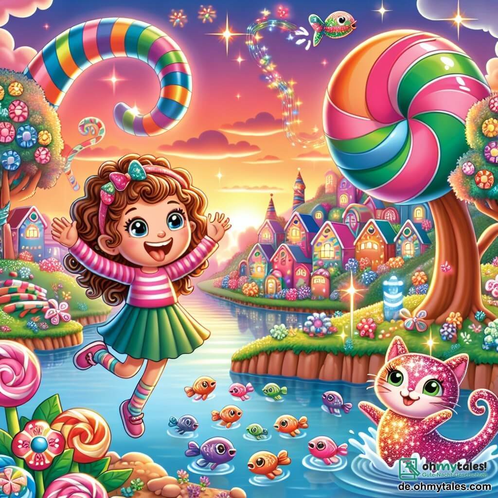 Une illustration sous forme de dessin destinée aux enfants représentant un paysage fantastique d'un village coloré avec des fleurs en forme de bonbons et des arbres en sucre d'orge, où une fille de 11 ans aux cheveux bouclés et bruns, souriante et pleine d'énergie, danse joyeusement au bord d'un lac scintillant, entourée de poissons multicolores qui chantent, tandis qu'un chat brillant avec un chapeau décalé, flottant à ses côtés, l'encourage à participer à une fête magique, le tout sous un ciel en dégradé de rose et d'orange au coucher du soleil.