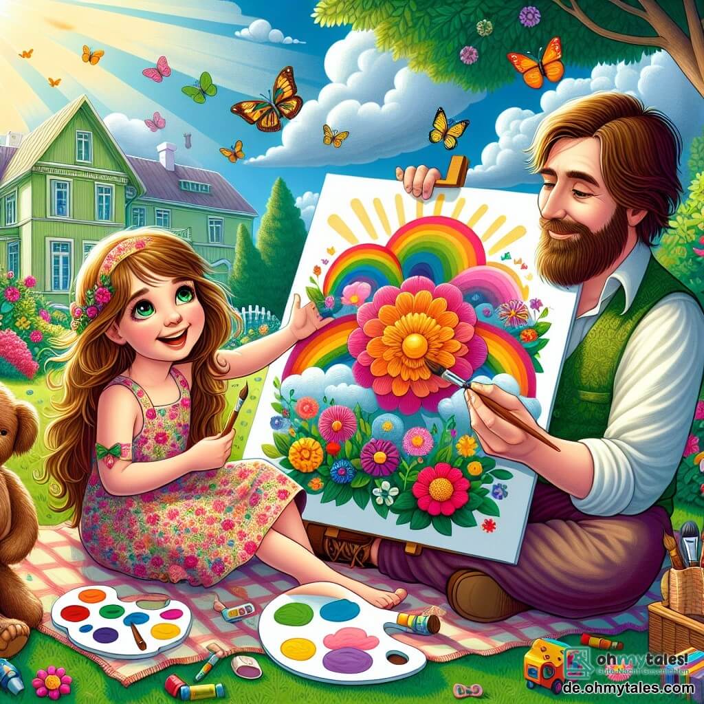 Illustration eines sonnigen Gartens, gefüllt mit bunten Blumen und fliegenden Schmetterlingen. In der Mitte der Szene sitzt ein fünfjähriges Mädchen mit langen braunen Haaren und funkelnden Augen auf einer Picknickdecke. Sie trägt ein Blumenkleid und lächelt fröhlich. Neben ihr sitzt ein etwa dreißigjähriger Mann mit braunen Haaren und einem leichten Bart im Schneidersitz, hält eine Farbpalette und einen Pinsel in der Hand, bereit zu malen. Das Mädchen zeigt stolz eine Zeichnung, die eine große bunte Wolke darstellt, ein Symbol der Liebe, die sie für ihre beiden Eltern empfindet. Im Hintergrund sieht man ein Haus mit grünen Wänden, majestätische Bäume und einen blauen Himmel mit weißen Wolken. Um sie herum verstreute Spielzeuge verleihen der Szene eine verspielte Note und zeigen einen Moment des gemeinsamen Glücks trotz der Veränderungen in ihrem Leben.