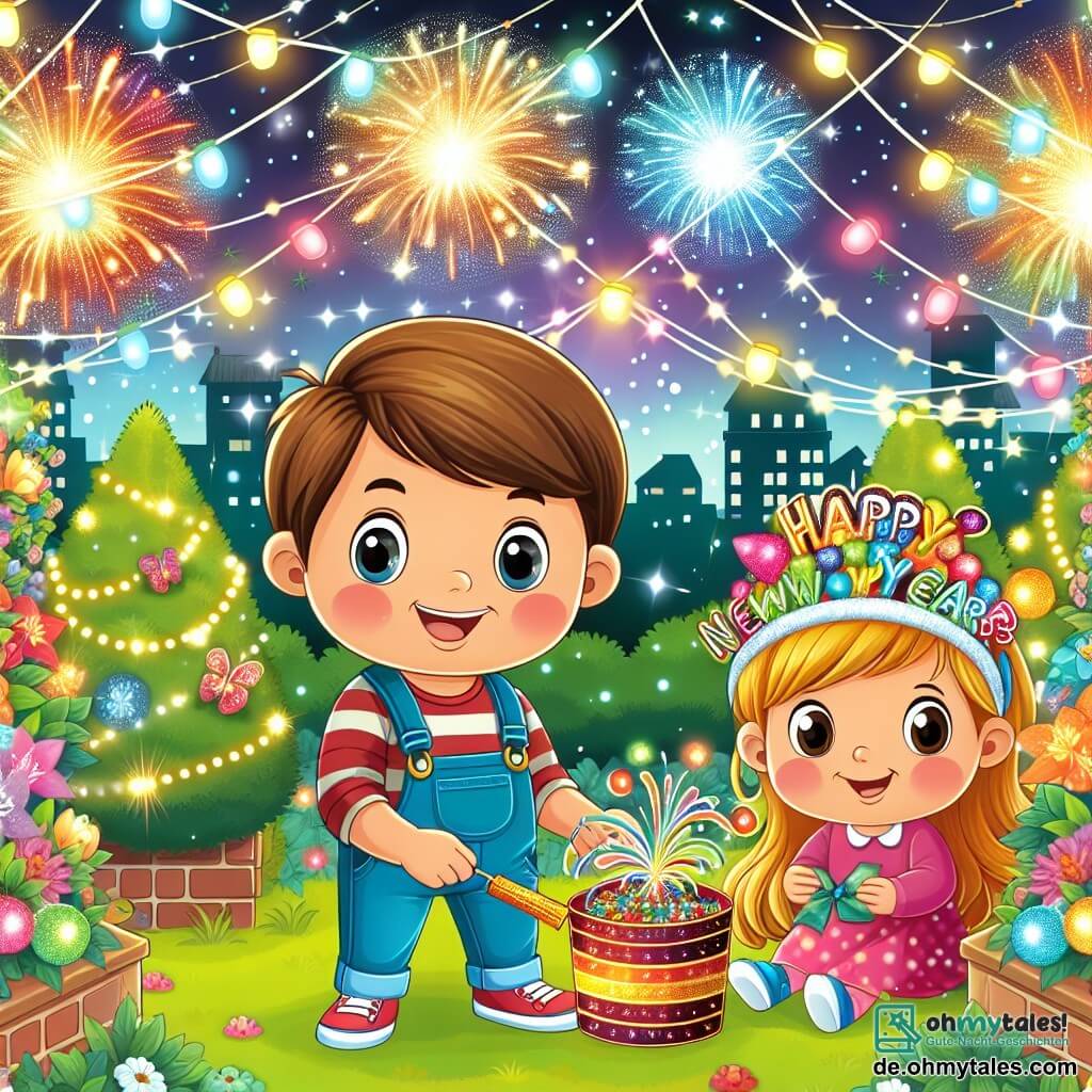 Une illustration destinée aux enfants représentant un petit garçon joyeux préparant une grande fête du nouvel an avec ses amis, accompagné de sa petite sœur, dans un jardin étincelant de lumières colorées et de décorations scintillantes.