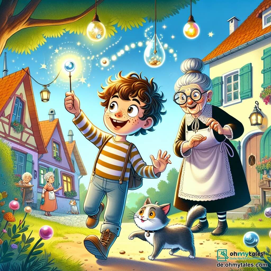 Une illustration sous forme de dessin destinée aux enfants représentant un jardin coloré et ensoleillé de la petite ville de Quatschhausen, où un garçon de 11 ans aux cheveux bouclés et aux taches de rousseur, avec un grand sourire, se tient debout en train de sauter joyeusement, tenant un petit et brillant caillou magique dans sa main, tandis qu'à ses côtés, une vieille dame excentrique aux cheveux gris en chignon et portant des lunettes rondes observe avec curiosité, accompagnée de son chat aux yeux malicieux qui danse autour d'eux, le tout dans une atmosphère ludique et absurde, alors qu'ils s'apprêtent à vivre une aventure incroyable avec des éléments fantastiques flottant autour d'eux.
