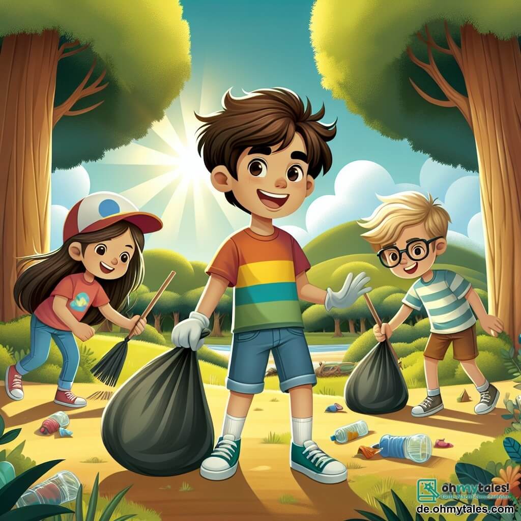 Une illustration sous forme de dessin destinée aux enfants représentant un verdoyant et ensoleillé bois avec des arbres majestueux, où un garçon de 11 ans aux cheveux bruns ébouriffés, portant un t-shirt coloré et un short, est en train de ramasser des déchets avec enthousiasme, tandis que deux de ses amis, une fille aux cheveux longs et blonds avec une casquette et un garçon aux lunettes et cheveux châtains, l'aident en souriant, créant une atmosphère de camaraderie et de détermination pour protéger la nature.