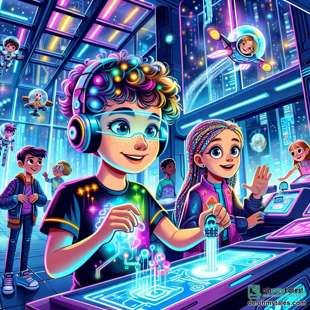 Une illustration sous forme de dessin destinée aux enfants représentant un vaste centre d'apprentissage futuriste à Neonstadt, avec des murs en verre scintillants et des hologrammes colorés flottant dans l'air, où une fille de 9 ans aux cheveux bouclés et brillants, portant un t-shirt lumineux et un pantalon futuriste, est en train de piloter un petit vaisseau spatial en réalité virtuelle, entourée de plusieurs enfants, dont un garçon aux lunettes rondes et une fille aux cheveux tressés, tous émerveillés par leur aventure intergalactique, tandis qu'un robot amical avec un grand sourire les guide à travers cette expérience incroyable.