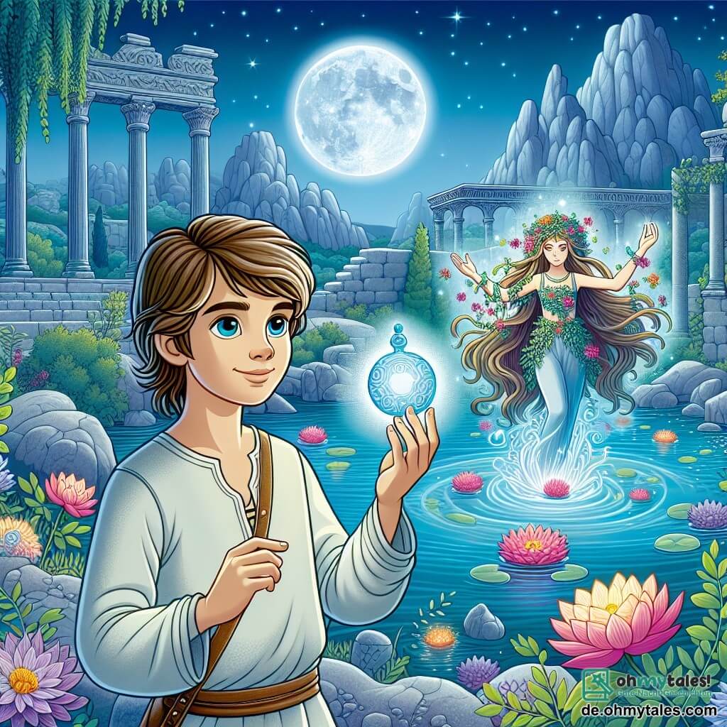 Une illustration sous forme de dessin destinée aux enfants représentant un paysage enchanteur de ruines anciennes baignées par la lumière argentée de la lune, où un jeune homme aux cheveux bruns et aux yeux pétillants, vêtu d'une tunique simple, se tient avec détermination, tenant un amulette brillante dans sa main, tandis qu'un majestueux esprit de l'eau, une silhouette féminine aux longs cheveux fluides et aux yeux d'un bleu profond, émerge d'un petit étang, entourée de fleurs éclatantes, alors qu'ils s'apprêtent à briser un ancien fléau qui menace leur monde.