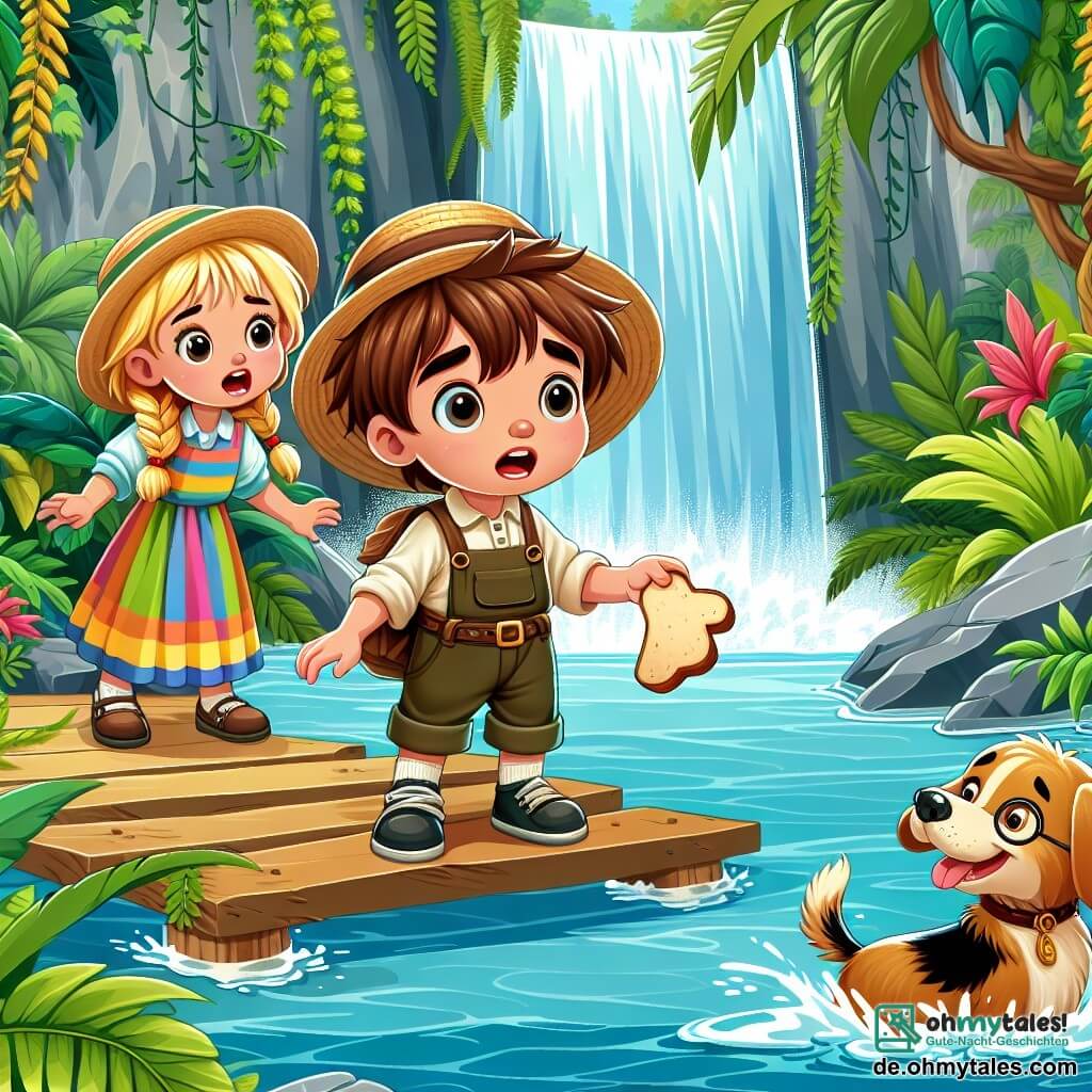 Une illustration sous forme de dessin destinée aux enfants représentant une scène vibrante dans un dôme de verdure d'un dschungel luxuriant, où un petit garçon de 3 ans aux cheveux bruns en bataille et portant un chapeau de paille, se tient courageusement sur une petite passerelle en bois, tenant un morceau de pain pour appeler son chien, tandis que deux amis, une fille aux cheveux blonds tressés portant une robe colorée et un garçon aux lunettes rondes et à la chemise à carreaux, l'encouragent avec des expressions d'excitation et d'inquiétude, alors qu'ils tentent de sauver leur chien coincé sur un rocher près d'un magnifique et tumultueux waterfall.