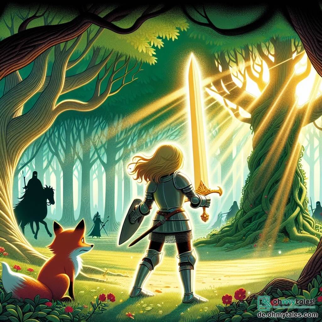 Eine Illustration zeigt eine verzauberte Lichtung im Herzen eines dichten Waldes, wo majestätische Bäume mit dicken Stämmen in den Himmel ragen und ihre leuchtend grünen Blätter das Sonnenlicht in sanften goldenen Strahlen filtern. In der Mitte dieser Lichtung steht eine stolze Ritterin in strahlender Rüstung, die im Sonnenlicht glänzt. Ihre langen Haare wehen im Wind, und ihr Gesicht drückt Entschlossenheit und Mut aus. Sie schwingt das legendäre Schwert der Morgenröte, das in goldenem Licht strahlt, bereit, sich den bedrohlichen Schatten zu stellen. Neben ihr beobachtet ein kleiner, lebhaft roter Fuchs mit schelmischen und neugierigen Augen aufmerksam die Szene, bereit, seiner Freundin in diesem Abenteuer zu helfen. Die Ritterin und der Fuchs stehen einer Armee dunkler Kreaturen gegenüber, bedrohliche Silhouetten, die aus den Schatten der Bäume auftauchen und bereit sind, anzugreifen. Die Atmosphäre ist angespannt, mit Lichtblitzen und tanzenden Schatten, die einen auffälligen Kontrast zwischen dem Mut der Ritterin und der Bedrohung durch die Dunkelheit schaffen. Bunte Blumen bedecken den Boden und verleihen dieser epischen Szene einen Hauch von Magie.