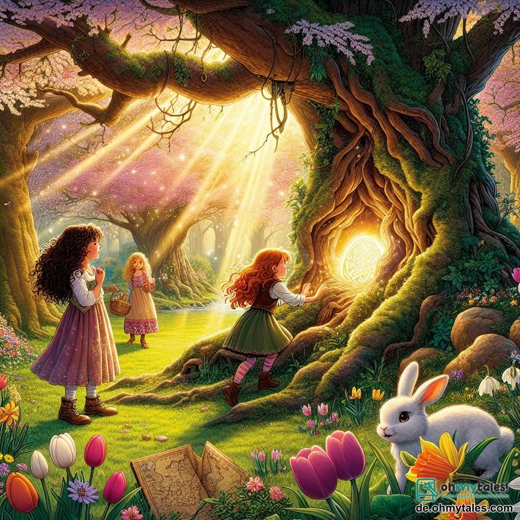 Eine Illustration zeigt eine verzauberte Lichtung im Herzen eines Frühlingsparks, durchflutet von goldenem Licht. Große, knorrige Bäume umgeben den Raum, ihre Äste beladen mit rosa und weißen Blüten, während bunte Blumen wie Tulpen und Narzissen den grünen Boden bedecken. Im Zentrum der Szene sind drei Mädchen im Alter von etwa 8 bis 10 Jahren auf einem Abenteuer. Eines von ihnen, ein Mädchen mit lockigem braunem Haar, klettert geschickt auf einen dicken Baumstamm, ein strahlendes Lächeln auf ihrem Gesicht. Neben ihr beobachtet ein anderes Mädchen mit glattem, blondem Haar aufmerksam eine magische Karte, die sie in den Händen hält, ihre Augen funkeln vor Neugier. Das dritte Mädchen, klein mit roten Zöpfen, schaut staunend auf ein kleines weißes Kaninchen, das anscheinend mit ihnen spricht, seine großen Ohren aufgerichtet. Die Hauptsituation zeigt die Mädchen, die ein magisches, buntes und funkelndes Osterei entdecken, das unter einem alten, moosbedeckten Stein versteckt ist. Sonnenstrahlen filtern durch die Blätter und erleuchten das Ei mit einem goldenen Glanz, während bunte Schmetterlinge um sie herumfliegen und der fröhlichen, abenteuerlichen Atmosphäre dieser Frühlingsszene einen Hauch von Magie verleihen.