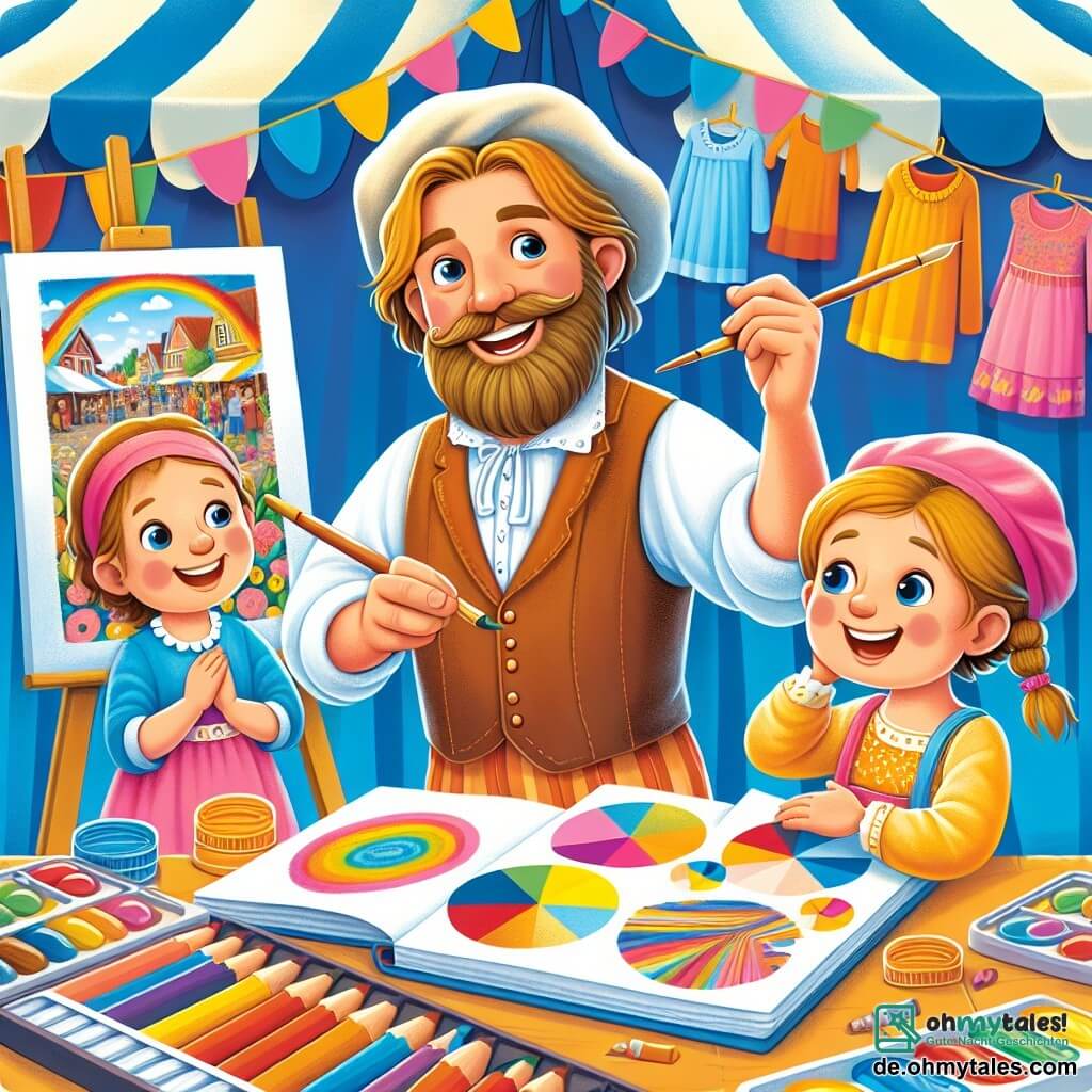 Une illustration destinée aux enfants représentant un joyeux artiste homme, entouré d'une fillette et d'un garçon, créant des œuvres colorées dans un zelt bariolé sur le marché animé du village de Grünwald.