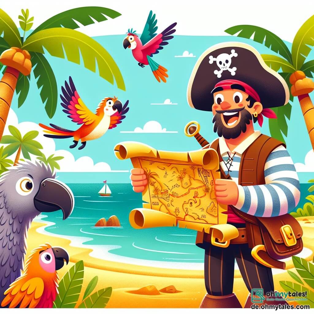 Une illustration sous forme de dessin destinée aux enfants représentant une île tropicale ensoleillée avec des palmiers et une plage de sable doré, où un homme pirate au chapeau rouge et au sourire éclatant, vêtu d'une chemise rayée et d'un pantalon en cuir, tient une carte au trésor en regardant avec excitation un grand arbre, tandis qu'à ses côtés, une femelle schnabeltier avec un regard intelligent et un drôle de perroquet coloré volant autour d'eux, tous trois découvrent une ancienne carte au trésor qui les mène vers une aventure palpitante à la recherche d'un trésor caché.