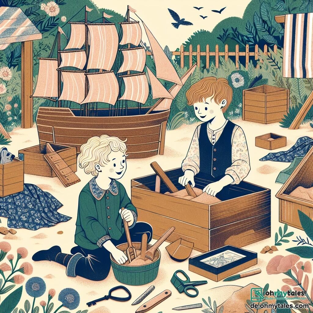 Une illustration destinée aux enfants représentant une fillette aux cheveux blonds, une situation où elle construit un navire pirate avec son meilleur ami, un garçon aux cheveux bruns, dans un jardin rempli de grands cartons, d'un vieux tissu et d'un grand bac à sable.