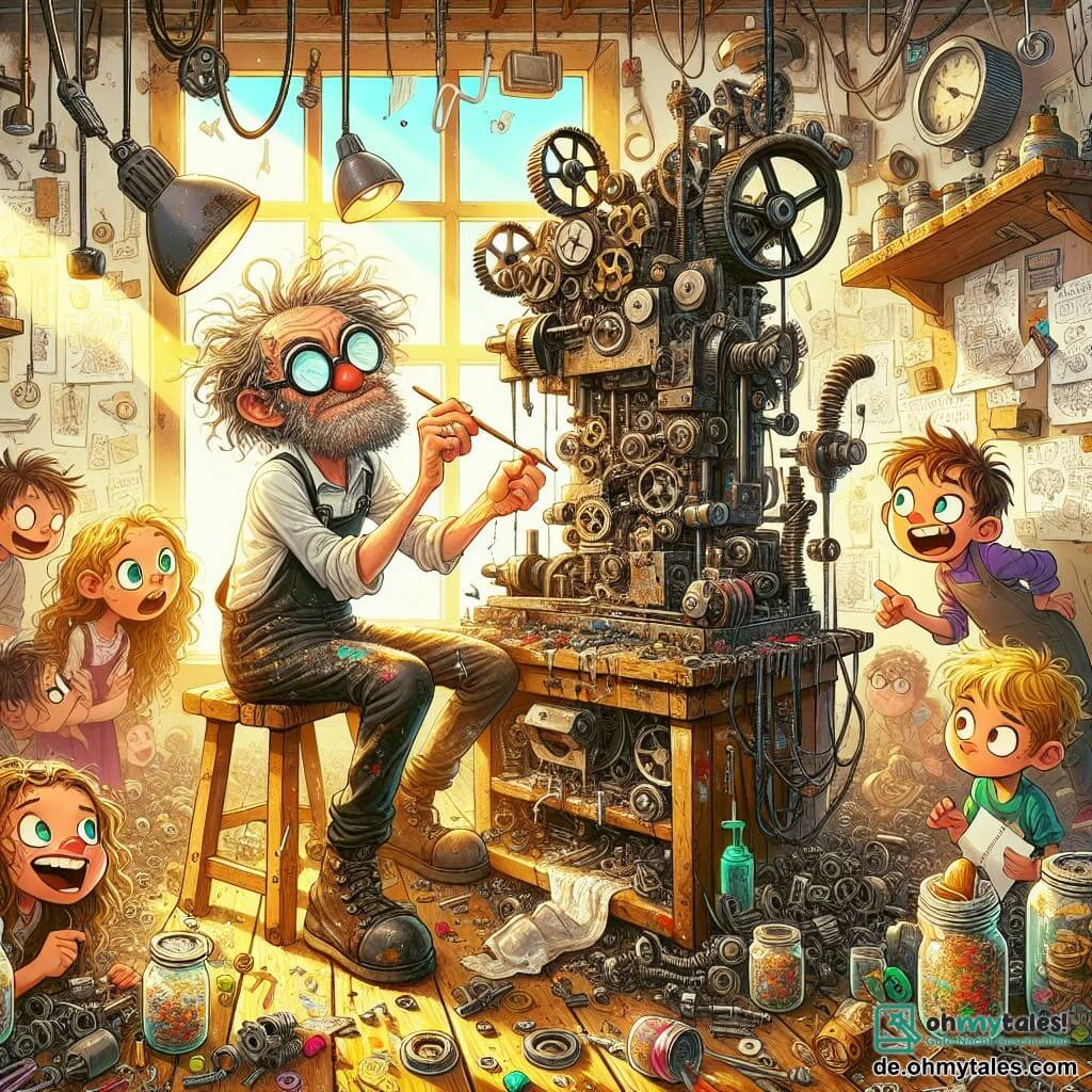 Illustration eines bunten und chaotischen Ateliers, gefüllt mit seltsamen Maschinen und verstreuten Metallteilen. Holzregale sind beladen mit Gläsern voller Schrauben und Zahnräder, während ein großes Fenster Sonnenlicht hereinlässt und die Szene erhellt. Im Mittelpunkt steht ein Mann mit zerzausten Haaren und einem struppigen Bart, bekleidet mit einer Latzhose voller Farb- und Fettflecken, der sich über eine bizarre Maschine beugt. Seine runden Brillen rutschen ihm von der Nase, während er mit konzentriertem und begeistertem Ausdruck einen Hebel einstellt. Um ihn herum beobachten mehrere Kinder im Alter von etwa 8 bis 10 Jahren mit neugierigen und staunenden Gesichtern fasziniert. Eines von ihnen, ein Mädchen mit lockigem Haar und Brille, hält ein Skizzenbuch, während ein Junge mit blonden Haaren und funkelnden Augen begeistert auf die Maschine zeigt. Die Hauptsituation zeigt den Mann, der seine neueste Erfindung testet: eine Maschine zum Buttern von Brötchen, die, als er den Hebel betätigt, ein perfekt butterbelegtes Brötchen durch das Atelier schleudert und die Kinder zum Lachen bringt. Butterstücke fliegen durch die Luft und verleihen dieser fröhlichen und kreativen Szene einen Hauch von Verrücktheit.