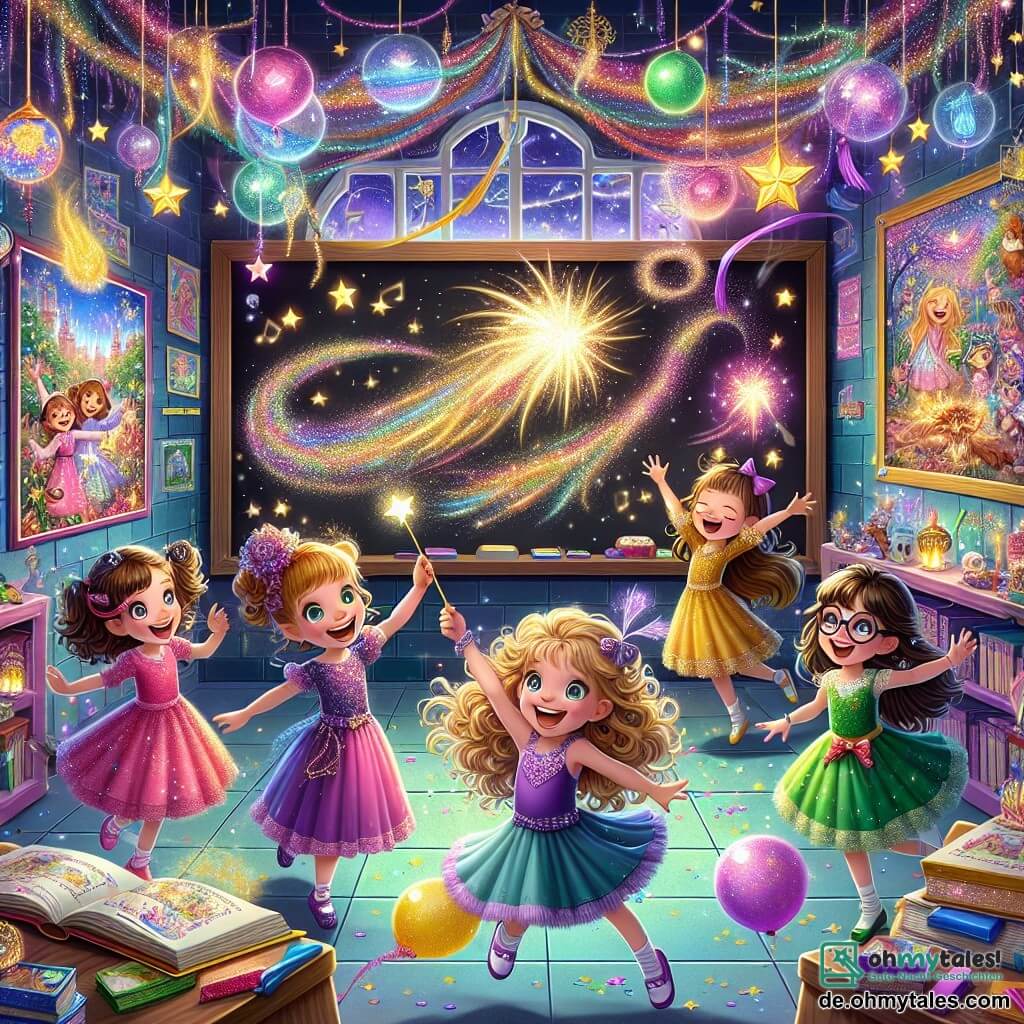 Illustration einer magischen Klassenzimmer, gefüllt mit lebhaften Farben und märchenhaften Dekorationen. Die Wände sind mit animierten Bildern geschmückt, die Szenen der Magie zeigen, und die Regale quellen über mit funkelnden Buchcovern. In der Mitte strahlt eine große schwarze Tafel mit goldenen Sternen. 

Im Vordergrund stehen vier kleine Mädchen, etwa 8 Jahre alt. Eines von ihnen, mit lockigen Haaren und einem rosa Kleid, hält einen funkelnden Stock und lächelt begeistert. Ein anderes, mit langen blonden Haaren, trägt ein lila Kleid und tanzt fröhlich mit erhobenen Armen. Die dritte, mit Brille und braunen Haaren, schaut mit weit aufgerissenen Augen zur Tafel, während die letzte, mit kurzen Haaren und einem grünen Kleid, lachend in einem Wirbel aus bunten Konfetti springt. 

Die Hauptsituation zeigt die Mädchen, die einen magischen Ballon fliegen lassen, der sich in eine Wolke aus strahlenden Konfetti verwandelt und den Raum mit Freude und Lachen füllt. Lichtblitze und funkelnde Sterne schweben um sie herum und schaffen eine verzauberte und festliche Atmosphäre. Kleine Details wie fliegende Bücher und neugierige magische Kreaturen verleihen der Szene einen Hauch von Humor und Fantasie.