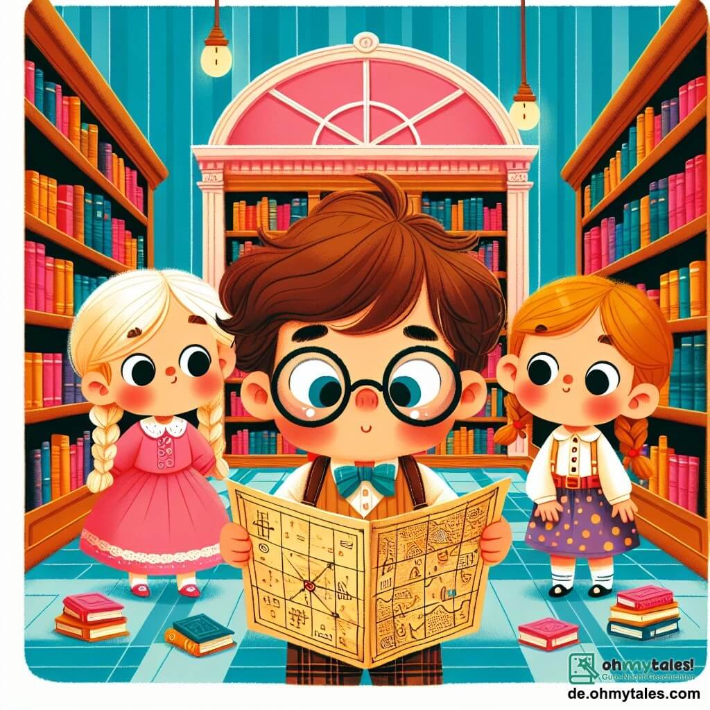 Une illustration sous forme de dessin destinée aux enfants représentant une bibliothèque colorée avec de hauts rayonnages remplis de livres, où un garçon de 3 ans avec une grande, ronde paire de lunettes et des cheveux bruns ébouriffés examine une vieille carte au trésor, entouré de deux petites filles : l'une de 5 ans avec des cheveux blonds tressés et une robe rose, et l'autre de 4 ans avec des cheveux châtains et une robe à pois, toutes deux regardant avec curiosité le garçon alors qu'ils s'apprêtent à résoudre des énigmes pour trouver un trésor caché.