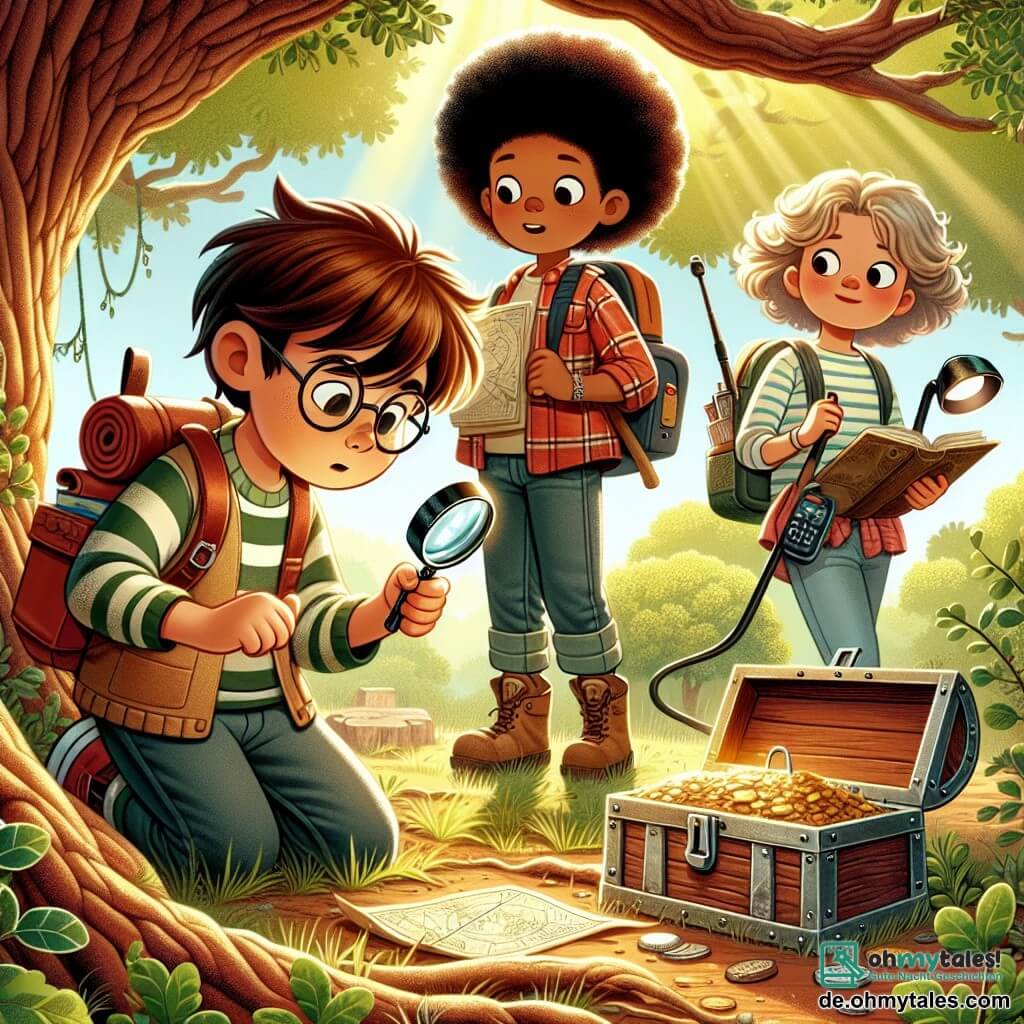 Une illustration sous forme de dessin destinée aux enfants représentant une forêt verdoyante et ensoleillée, avec un garçon de 11 ans aux cheveux châtains et aux lunettes, tenant une loupe et scrutant le sol avec curiosité, tandis qu'à ses côtés, une fille aux cheveux blonds et bouclés, portant un sac à dos rempli de livres, observe une vieille carte, et un garçon aux cheveux noirs et courts, utilisant un metalldetektor, tous trois découvrant une ancienne trappe en bois sous un grand chêne, symbolisant leur quête pour résoudre le mystère d'un trésor caché.