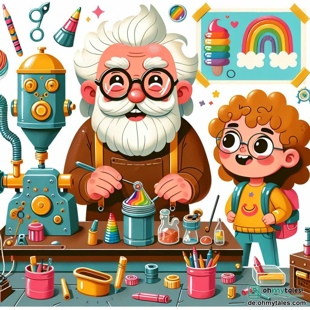 Une illustration sous forme de dessin destinée aux enfants représentant une petite et colorée atelier d'inventeur, rempli de machines étranges et de croquis, où un homme âgé avec une grande barbe blanche, des lunettes rondes et un sourire chaleureux, est en train de travailler sur une machine brillante, tandis qu'une jeune fille aux cheveux bouclés et aux yeux pétillants, portant un t-shirt coloré et un sac à dos, l'observe avec émerveillement, tous deux entourés de dessins de leurs inventions, comme un mal-stift arc-en-ciel et un arbre en chocolat.