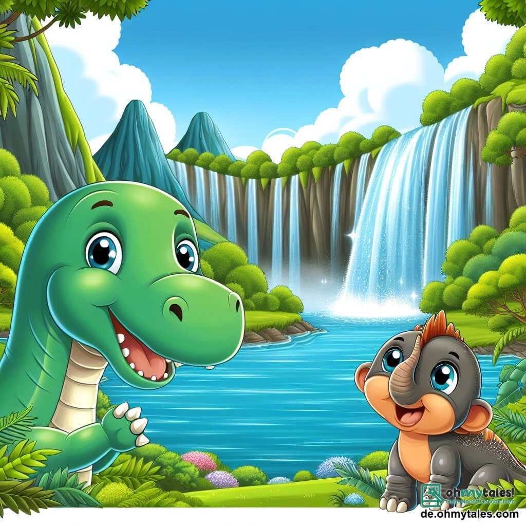 Une illustration destinée aux enfants représentant un jeune Diplodocus curieux, accompagné d'un petit Compsognathus joyeux, découvrant un majestueux grand val verdoyant avec un magnifique cascade scintillante.