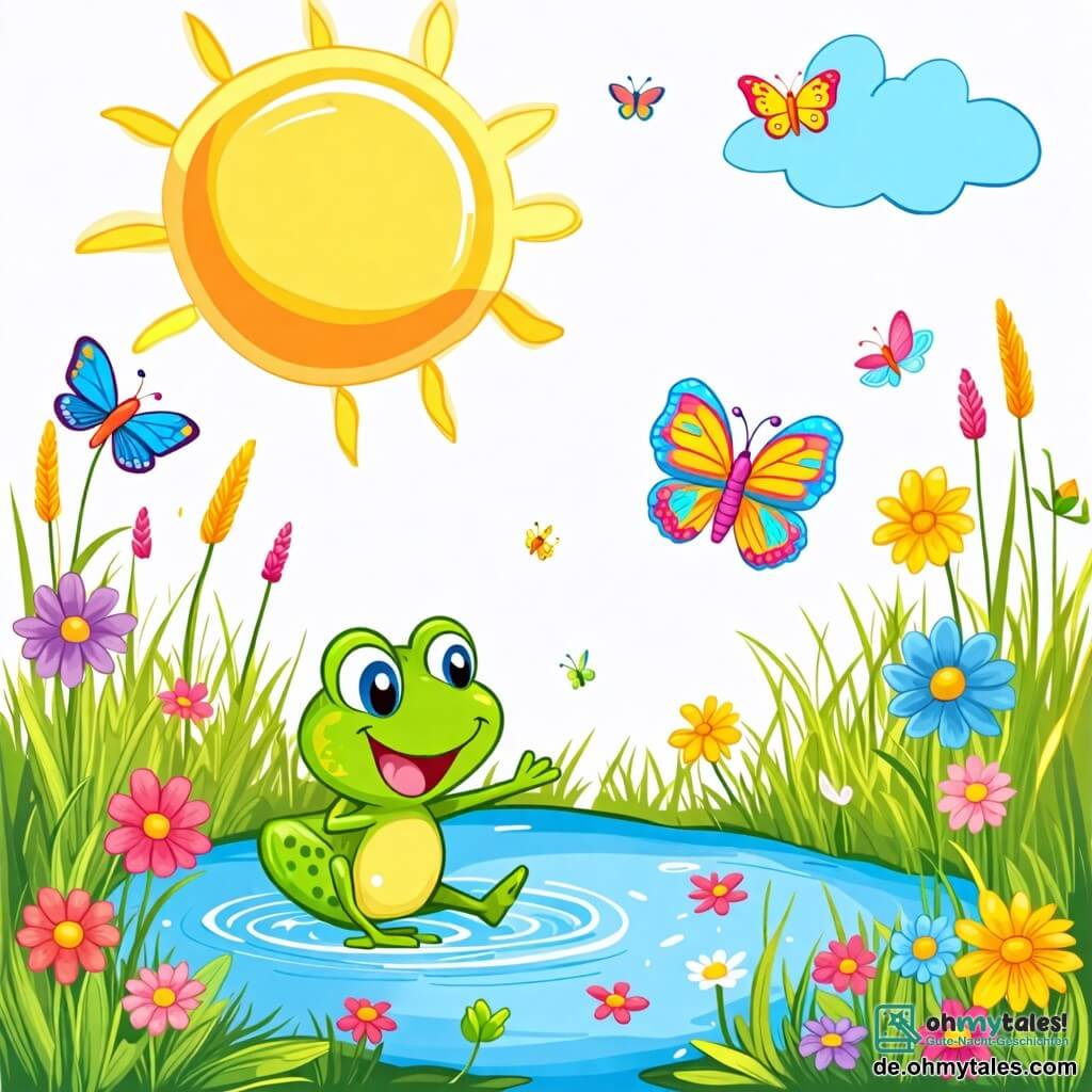 Une illustration sous forme de dessin destinée aux enfants représentant un charmant teich entouré de fleurs colorées et de hautes herbes, où une petite grenouille verte aux yeux pétillants et au sourire joyeux saute joyeusement dans l'eau, tandis qu'un magnifique schmetterling aux ailes multicolores vole autour d'elle, le soleil brillant au-dessus, créant une atmosphère de bonheur et d'amitié.