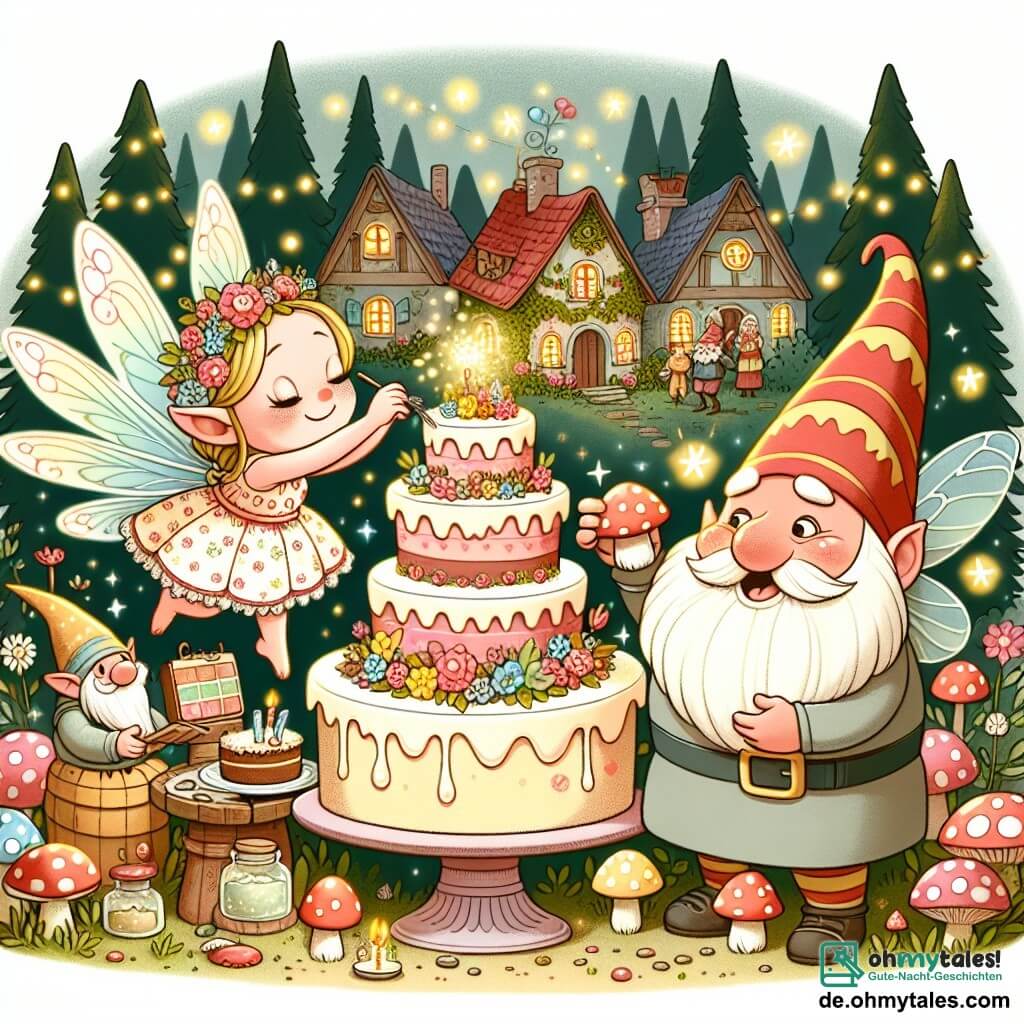 Une illustration destinée aux enfants représentant une petite fée malicieuse, une situation de préparation pour un concours de gâteaux magiques, un gnome rigolo à la grande bouche et aux chapeaux colorés, dans un petit village enchanté entouré de fleurs brillantes et de champignons lumineux.