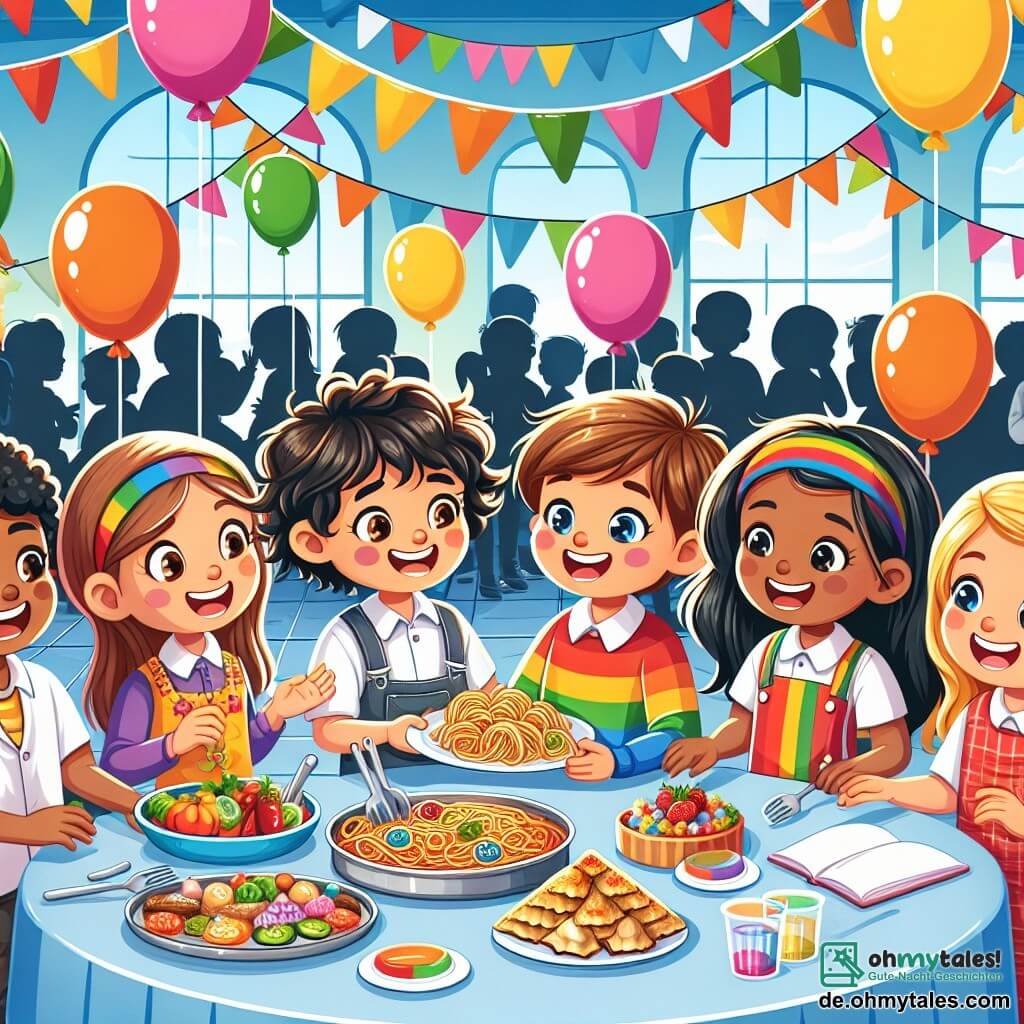 Eine Illustration zeigt eine festliche Szene in einer bunten Schule, mit mehrfarbigen Ballons, die von der Decke hängen, und Tischen, die mit lebhaften Tischdecken dekoriert sind. Im Mittelpunkt steht eine Gruppe von vier Kindern um einen Tisch, der mit typischen Gerichten aus verschiedenen Kulturen gefüllt ist. Ein 10-jähriger Junge mit lockigem, hellem Haar lächelt und präsentiert einen Teller Spaghetti. Neben ihm hält ein 11-jähriger Junge türkischer Herkunft mit braunem Haar und olivfarbener Haut ein Tablett Baklava, seine Augen funkeln vor Aufregung. Ein 10-jähriges indisches Mädchen mit langen schwarzen Haaren und dunkler Haut erzählt begeistert eine Geschichte. Schließlich hört ein 9-jähriger Junge mit blondem Haar und heller Haut aufmerksam zu, bereit, ein neues Spiel zu lernen. Die Hauptsituation zeigt diese Kinder, die Gerichte und Geschichten teilen, was Vielfalt und Freundschaft illustriert, mit strahlenden Lächeln und einer fröhlichen Atmosphäre. Im Hintergrund versammeln sich andere Schüler und Eltern um bunte Stände, die eine festliche und kulturelle Austauschstimmung schaffen.