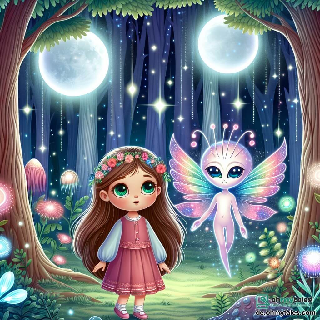 Une illustration destinée aux enfants représentant une petite fille aux longs cheveux bruns, les yeux pétillants d'émerveillement, se tenant au milieu d'une forêt enchantée où les arbres majestueux, aux feuilles scintillantes comme des étoiles, l'entourent, tandis qu'un extraterrestre aux ailes colorées et aux yeux ronds, à la peau douce et lumineuse, l'invite à découvrir les merveilles de son monde magique, où des fleurs phosphorescentes dansent sous la lumière de deux lunes brillantes dans un ciel étoilé.