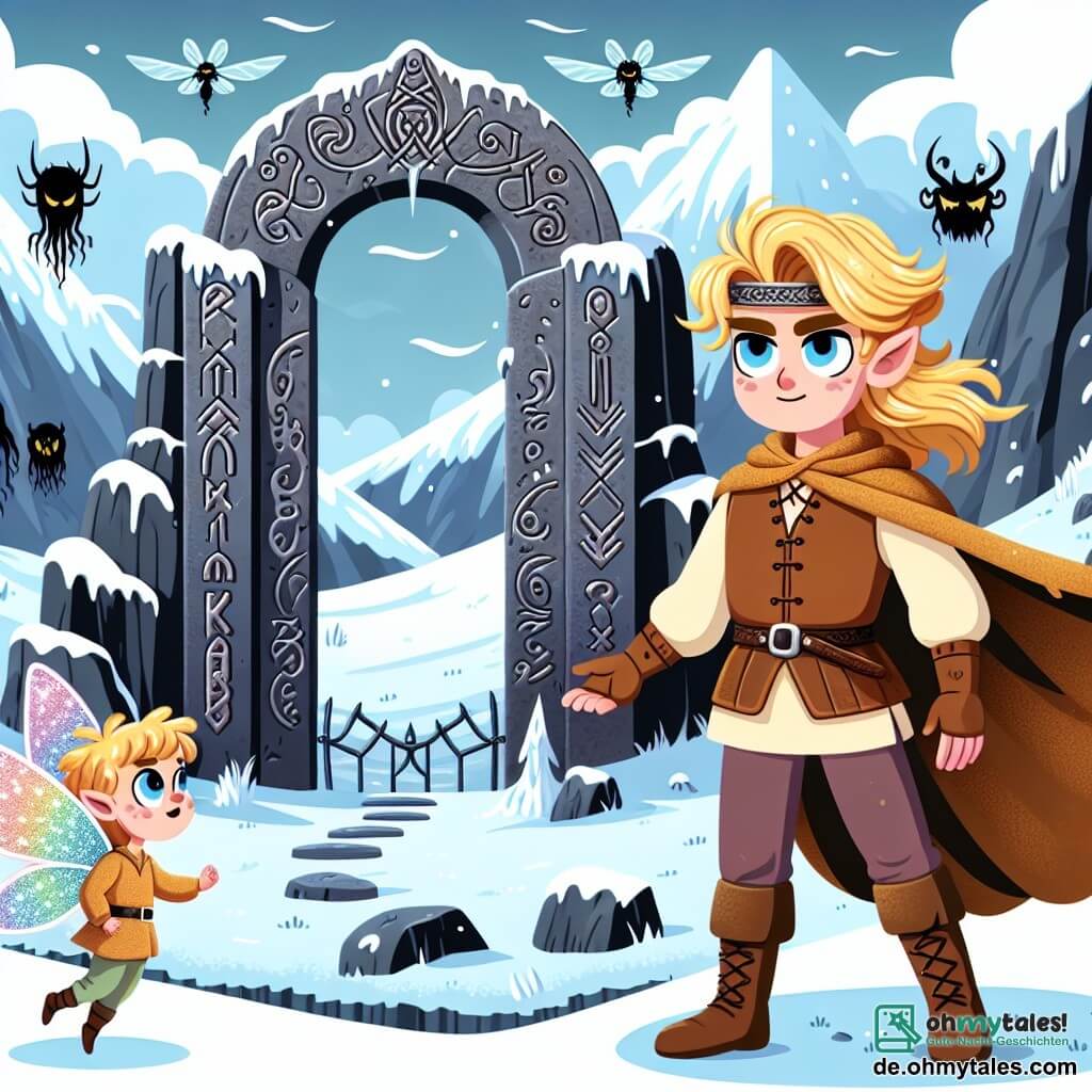 Une illustration sous forme de dessin destinée aux enfants représentant un majestueux paysage de montagnes aux sommets enneigés, avec un jeune homme aux cheveux dorés et aux yeux bleus, vêtu d'une tunique en cuir et d'une cape flottante, se tenant courageusement devant une grande porte de pierre ornée de runes anciennes, tandis qu'une petite fée aux ailes scintillantes et colorées vole à ses côtés, l'encourageant dans sa quête pour découvrir la vérité sur ses origines, avec des ombres menaçantes se dessinant à l'arrière-plan, symbolisant les défis qu'il doit surmonter.