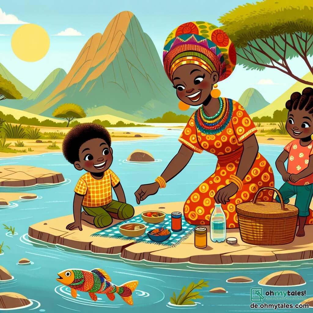 Une illustration sous forme de dessin destinée aux enfants représentant un grand et lumineux paysage africain avec un vaste fleuve scintillant sous le soleil, où une femme au sourire chaleureux, portant une robe colorée et un foulard tissé, prépare un pique-nique sur une pierre plate, tandis qu'un garçon joyeux aux cheveux crépus et une petite fille aux tresses, tous deux riant et jouant dans l'eau, observent un petit poisson coloré sautant hors de l'eau, symbolisant l'esprit d'aventure et de partage de leur journée en famille.