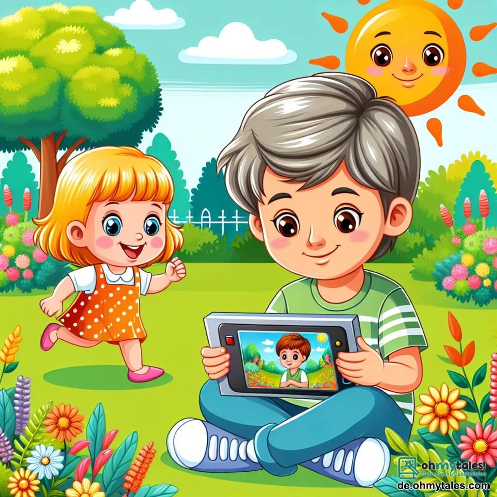 Une illustration destinée aux enfants représentant un garçon captivé par un écran, accompagné de sa petite sœur jouant joyeusement dans un jardin ensoleillé aux couleurs vives.