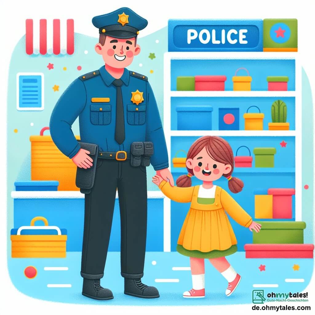 Une illustration destinée aux enfants représentant un homme policier souriant et bienveillant, accompagné d'une petite fille curieuse et enthousiaste, explorant ensemble une station de police colorée et animée.