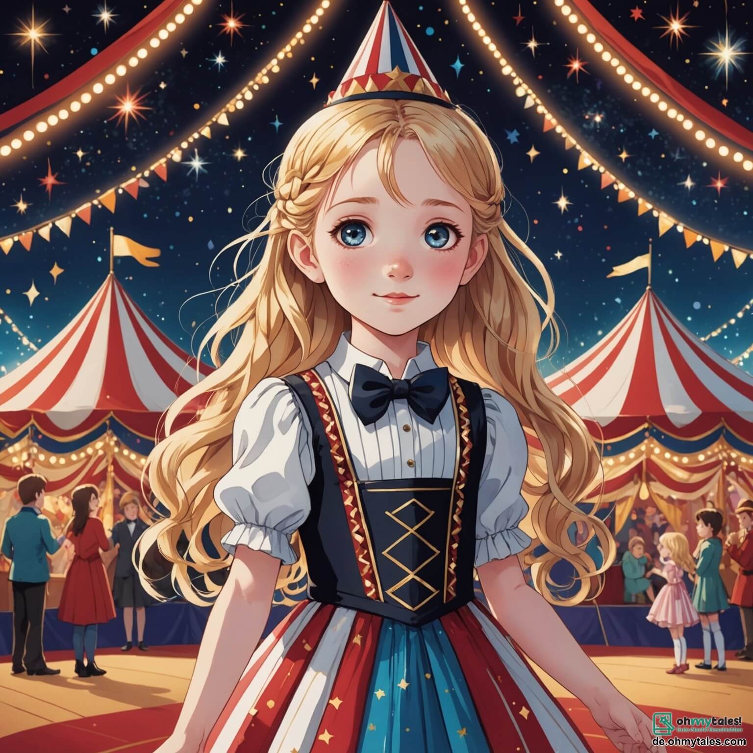 Une illustration destinée aux enfants représentant une petite fille aux longs cheveux blonds tressés, aux yeux pétillants de curiosité et de joie, vêtue d'une robe colorée ornée de paillettes scintillantes, se tenant émerveillée devant un immense chapiteau de cirque aux rayures rouges et blanches, où des lumières scintillantes dansent comme des étoiles dans la nuit, tandis qu'un magicien au grand chapeau haut de forme, un homme à la voix envoûtante et aux gestes gracieux, se prépare à émerveiller le public avec des tours de magie, et un petit chien espiègle, un compagnon à quatre pattes au pelage doré, court autour d'elle, ajoutant une touche de folie et de bonheur à cette scène féerique où les rires des enfants et les applaudissements des adultes résonnent dans l'air parfumé de pop-corn et de barbe à papa.