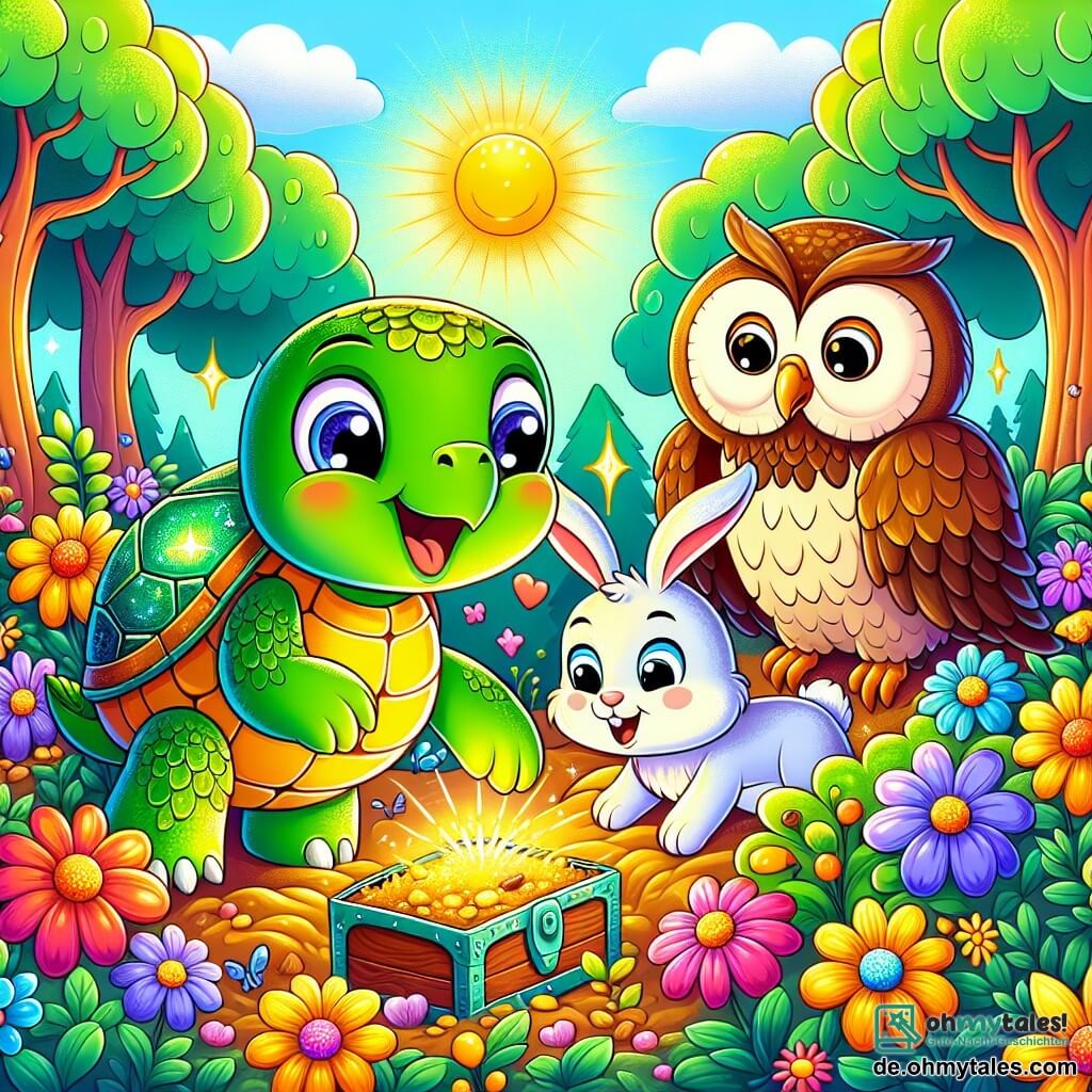 Une illustration sous forme de dessin destinée aux enfants représentant un vibrant et coloré forêt ensoleillée, où une tortue à la carapace verte étincelante, avec de grands yeux pétillants, est en train de fouiller le sol avec enthousiasme à la recherche d'un trésor, tandis qu'à ses côtés, un petit lapin aux grandes oreilles blanches et une sage chouette aux plumes brunes l'observent avec curiosité, tous trois entourés de fleurs éclatantes et d'arbres majestueux, illustrant l'esprit d'aventure et d'amitié qui les unit dans leur quête d'un mystérieux coffre au trésor.
