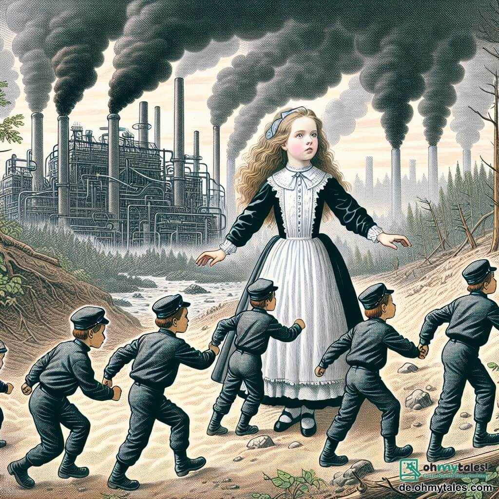 Une illustration destinée aux enfants représentant une jeune femme au teint de porcelaine, entourée de sept petits hommes vêtus de combinaisons futuristes, luttant contre une usine polluante crachant des nuages de fumée noire, dans une forêt autrefois luxuriante maintenant fanée et souillée.