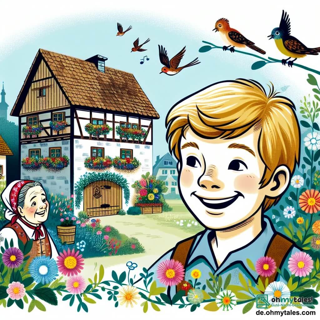 Une illustration destinée aux enfants représentant un garçon, la situation délicate d'une invitation mensongère à sa fête d'anniversaire, sa tante bienveillante et souriante, entourés de fleurs colorées et d'oiseaux chantants dans le charmant village de Hügeldorf.
