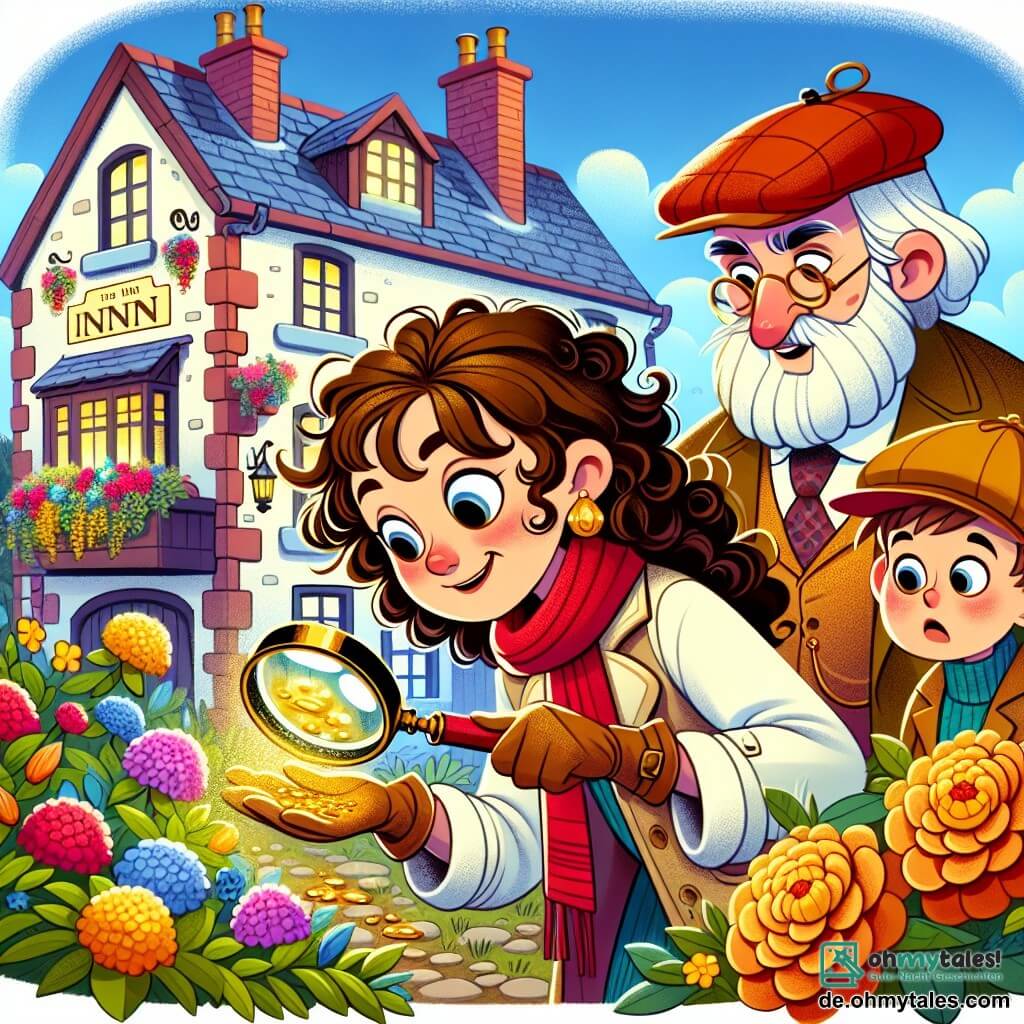 Une illustration sous forme de dessin destinée aux enfants représentant un charmant hôtel coloré avec des fleurs éclatantes dans le jardin, où une femme détective aux cheveux bouclés et au long foulard rouge examine attentivement une petite trace de paillettes dorées sur le sol avec une loupe, tandis qu'un jeune garçon aux yeux écarquillés et portant une casquette rouge l'observe avec curiosité, et un vieux monsieur au visage souriant et à la barbe blanche, vêtu d'un gilet, se tient en arrière-plan, inquiet mais attentif, alors qu'ils tentent de résoudre le mystère de la vase dorée disparue.