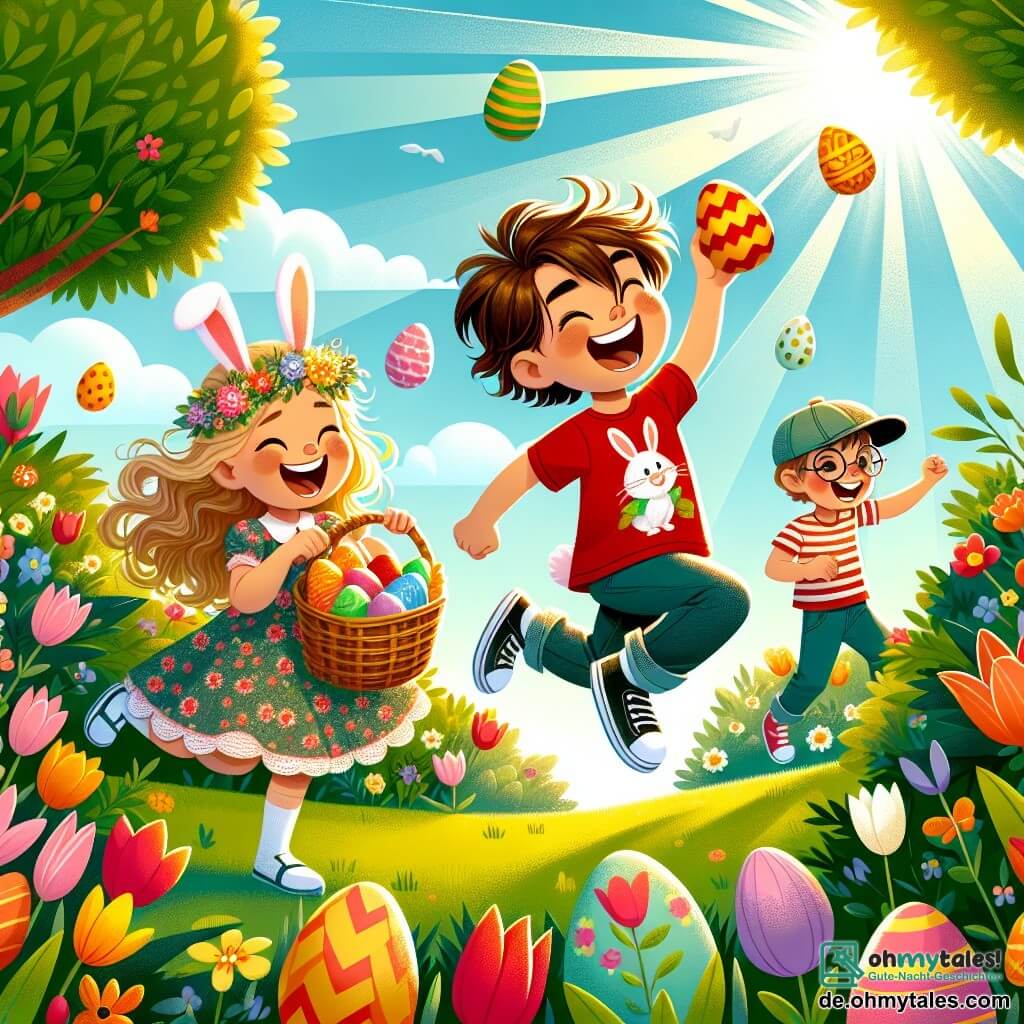 Eine Illustration zeigt einen sonnigen Garten, gefüllt mit bunten Blumen und lebhaften Tulpen, in dem bunte Ostereier hinter Büschen und unter Bäumen versteckt sind. In der Mitte springt ein 11-jähriger Junge mit zerzausten braunen Haaren und einem roten T-Shirt mit Hasenmuster vor Freude, während er einen Korb mit Eiern hält. Neben ihm steht ein 6-jähriges Mädchen mit langen geflochtenen blonden Haaren und einem Blumenkleid, das lächelt und ein gerade gefundenes Schokoladenei hält. Im Hintergrund suchen 11-jährige Freunde, ein Junge mit Brille und Mütze sowie ein Mädchen mit lockigem Haar, nach Eiern, lachen und feuern sich gegenseitig an. Die Atmosphäre ist fröhlich und festlich, mit Sonnenstrahlen, die die Szene erhellen und eine magische Osterfeier schaffen.