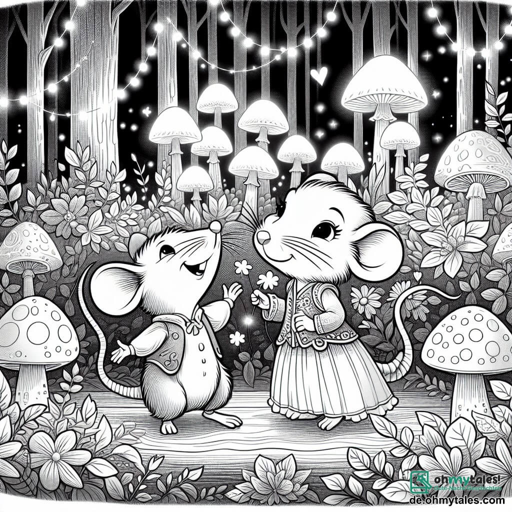 Une illustration destinée aux enfants représentant un petit rat malicieux, une gentille souris fille comme personnage secondaire, dans une forêt enchantée remplie de champignons lumineux et de fleurs scintillantes.