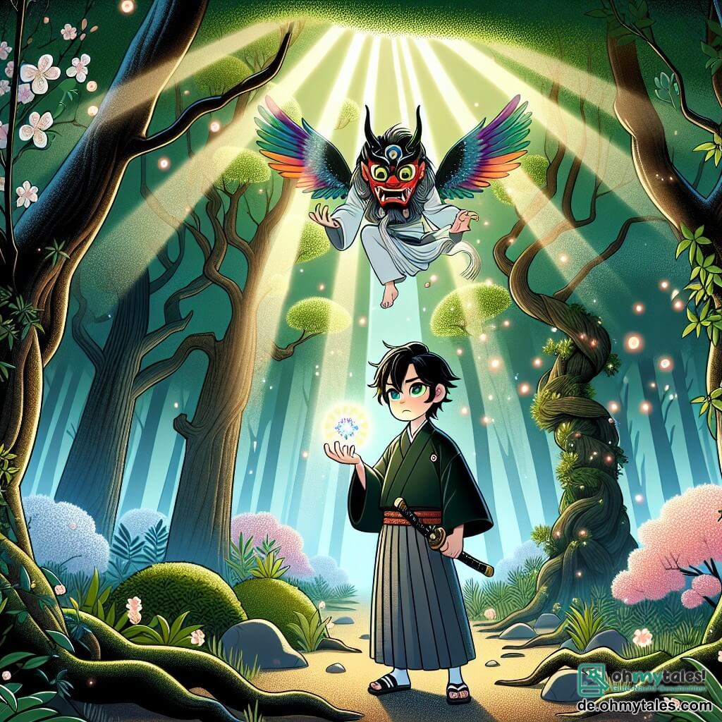 Une illustration sous forme de dessin destinée aux enfants représentant une forêt japonaise enchantée, avec de majestueux arbres aux feuilles vertes et des fleurs de cerisier en pleine floraison, où un jeune homme aux cheveux noirs et aux yeux pétillants, vêtu d'un kimono traditionnel, se tient courageusement au centre, tenant un petit cristal lumineux dans sa main, tandis qu'un Tengu aux ailes colorées et au visage souriant flotte à ses côtés, tous deux faisant face à une ombre menaçante qui représente un Oni, créant une atmosphère de mystère et de magie, avec des rayons de lumière filtrant à travers les branches.