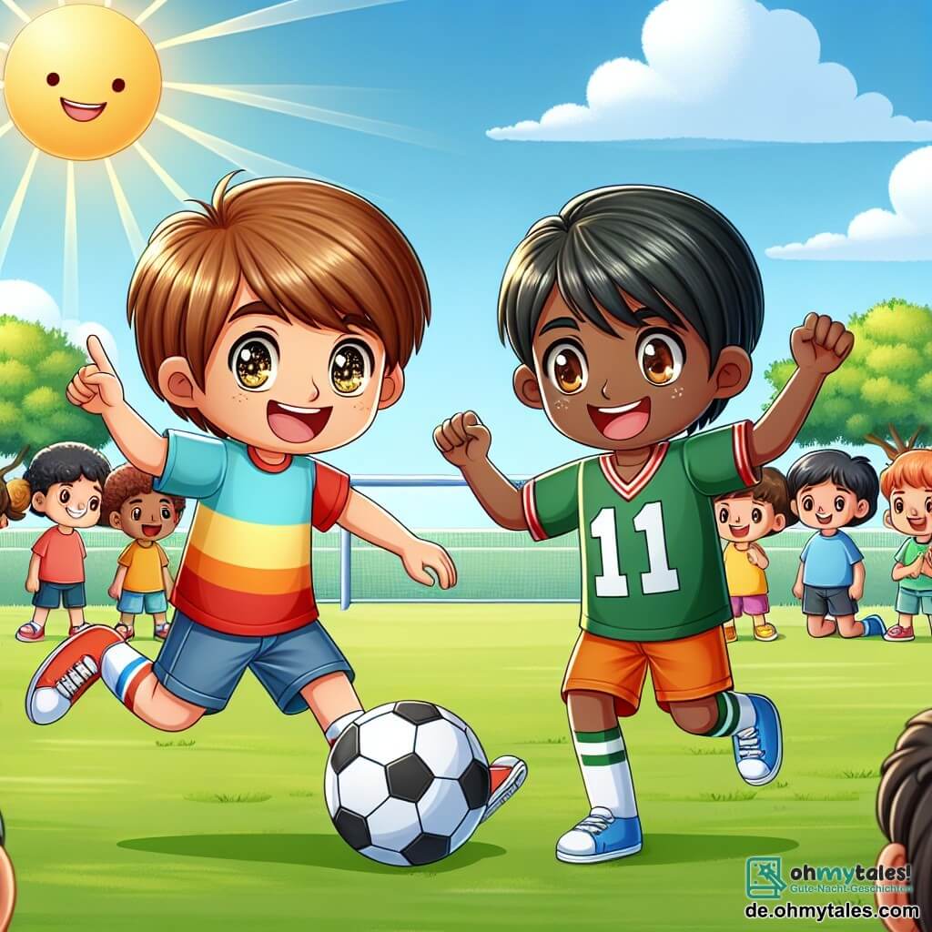 Une illustration sous forme de dessin destinée aux enfants représentant un terrain de football ensoleillé dans un parc, où un garçon de 11 ans aux cheveux bruns et aux yeux pétillants, vêtu d'un t-shirt coloré et de shorts, dribble le ballon avec enthousiasme, tandis qu'un autre garçon aux cheveux noirs et à la peau olive, portant un maillot de football, l'encourage avec un grand sourire, symbolisant l'amitié et la tolérance entre deux cultures différentes, alors que d'autres enfants aux origines variées les regardent avec curiosité et admiration.