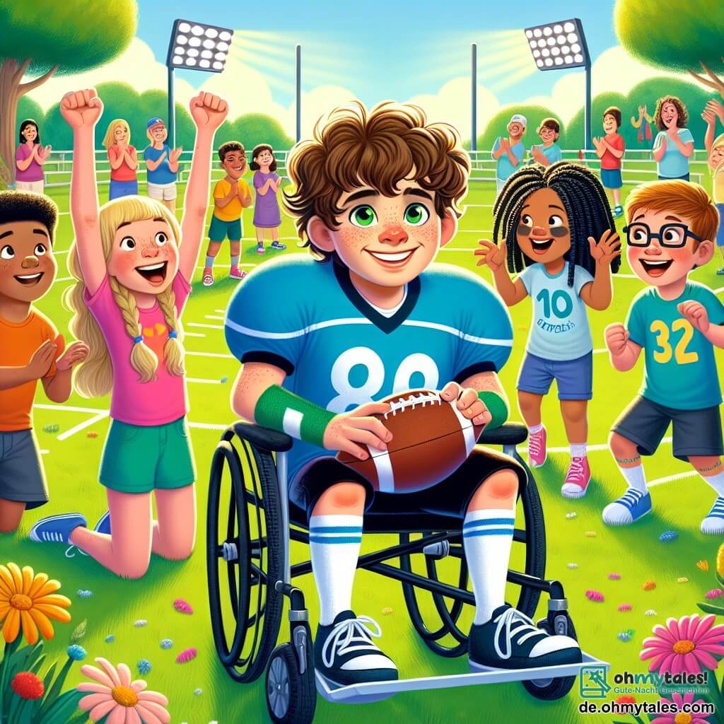 Eine Illustration zeigt ein großes, sonniges Sportfeld, umgeben von grünen Bäumen und bunten Blumen. In der Mitte sitzt ein 11-jähriger Junge mit lockigem, braunem Haar und strahlendem Lächeln in einem Rollstuhl. Er trägt ein blaues Fußballtrikot und schwarze Shorts und hält einen Fußball in den Händen, bereit zum Spielen. Neben ihm steht eine Gruppe von vier Kindern, zwei Jungen und zwei Mädchen im Alter von etwa 10 bis 12 Jahren, alle lächeln und sind begeistert. Einer der Jungen mit blonden Haaren und Brille ist dabei, den Ball zu passen, während ein Mädchen mit Zöpfen und einem rosa T-Shirt ihn mit Handgesten anfeuert. Die Szene strahlt Kameradschaft und Freude aus, zeigt Teamgeist und Inklusion, mit lebhaften Farben und fröhlichen Gesichtsausdrücken der Kinder. Im Hintergrund schauen Eltern und andere Kinder zu und applaudieren, was eine festliche und herzliche Atmosphäre schafft.