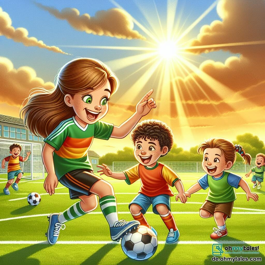 Une illustration sous forme de dessin destinée aux enfants représentant un grand terrain de football verdoyant, baigné par la lumière dorée du soleil, où une jeune femme aux cheveux châtains, portant un maillot coloré et des shorts, sourit joyeusement en montrant aux enfants comment dribbler avec un ballon, tandis qu'un garçon aux cheveux bouclés et une fille avec des tresses s'essaient à réaliser des passes, entourés de rires et d'une ambiance amicale, capturant l'esprit de camaraderie et de passion pour le football.