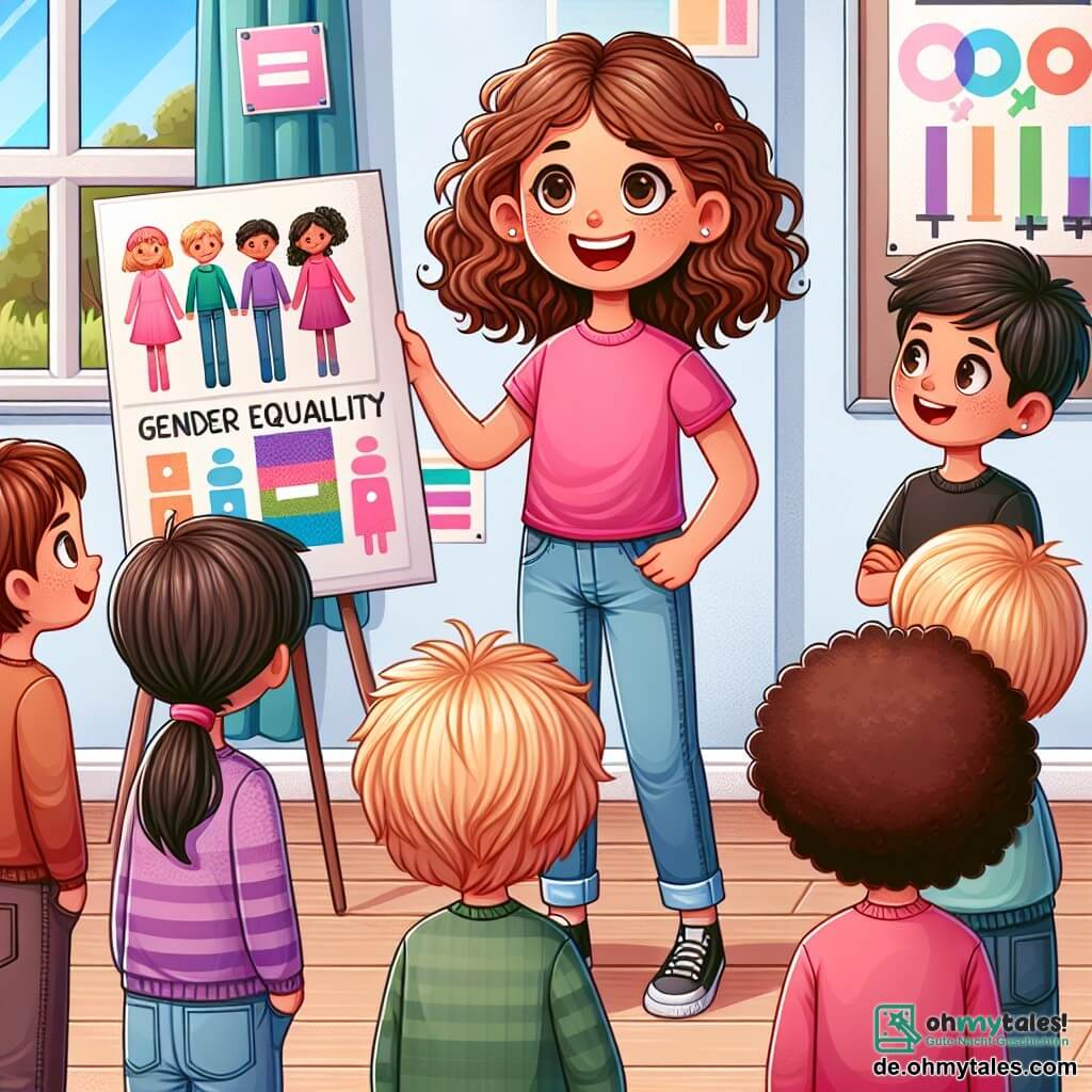 Une illustration sous forme de dessin destinée aux enfants représentant une salle de classe colorée et accueillante, avec des affiches sur l'égalité des genres aux murs, où une fille de 11 ans aux cheveux bruns et bouclés, portant un t-shirt rose et un jean, se tient debout avec un grand sourire, présentant fièrement une affiche sur l'égalité des sexes, tandis qu'un groupe de garçons et de filles aux cheveux blonds et châtains, habillés de manière décontractée, l'écoutent attentivement, illustrant ainsi un moment de collaboration et d'échange d'idées sur l'importance de l'égalité entre les genres.