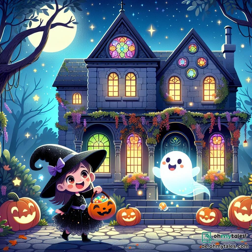 Illustration einer großen alten und geheimnisvollen Villa mit grauen Steinmauern, bunten Buntglasfenstern und einem von Kletterpflanzen überwucherten Garten. Der Nachthimmel ist sternenklar, und ein sanftes Licht beleuchtet den Eingang der Villa, was eine magische und leicht gruselige Atmosphäre schafft. Im Vordergrund steht ein kleines 3-jähriges Mädchen mit langen braunen Haaren und funkelnden Augen, das ein schwarzes Hexenkostüm mit Glitzer trägt. Sie hält einen großen Kürbiskorb voller Süßigkeiten, und ihr Gesicht strahlt Freude und Aufregung aus, während sie neugierig um sich schaut. An ihrer Seite schwebt ein kleiner freundlicher Geist mit durchsichtigem Körper und runden, glänzenden Augen. Er lächelt fröhlich und scheint das Mädchen einzuladen, die Villa zu betreten. Die Hauptsituation zeigt das Mädchen, das bereit ist, die Villa zu betreten, fasziniert von den tanzenden Lichtern und Schatten drinnen. Zusätzliche grafische Elemente umfassen sanft fallende Herbstblätter, lächelnde Kürbisse an der Türschwelle und funkelnde Sterne am Nachthimmel, die dieser Halloween-Szene einen Hauch von Magie verleihen.