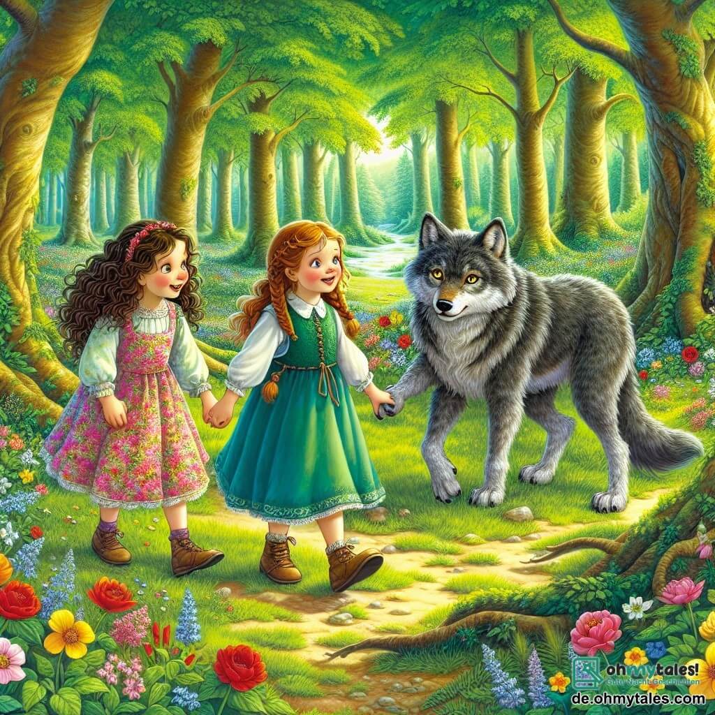 Eine Illustration zeigt eine sonnige Lichtung im Herzen eines grünen Waldes, umgeben von großen Bäumen mit dicken Stämmen und leuchtend grünen Blättern. Bunte Blumen sprenkeln den Boden und verleihen der Umgebung einen Hauch von Magie. Im Mittelpunkt der Szene versammeln sich drei Mädchen, etwa 8 Jahre alt. Das erste Mädchen mit braunen, lockigen Haaren trägt ein rosa Kleid mit Blumenmustern und lächelt fröhlich. Das zweite Mädchen mit glatten blonden Haaren ist in eine blaue Tunika gekleidet und schaut neugierig. Das dritte Mädchen mit roten, geflochtenen Haaren trägt eine grüne Shorts und wirkt entschlossen. Sie halten sich an den Händen und sind bereit, das Unbekannte zu erkunden. Vor ihnen steht ein großer Wolf mit grauem Fell und funkelnden gelben Augen unter einem Baum, mit einem überraschten, aber freundlichen Ausdruck. Er wirkt weniger bedrohlich, fast neugierig, während er sie beobachtet. Die Hauptsituation zeigt die Mädchen, die den Wolf ermutigen, mit ihnen zu spielen, und illustriert einen Moment der Verwandlung und Freundschaft. Bunte Vögel fliegen um sie herum und verleihen dieser unerwarteten Begegnung eine fröhliche und warme Atmosphäre.