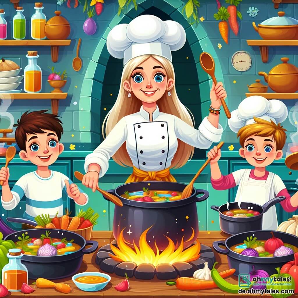 Une illustration destinée aux enfants représentant une talentueuse cheffe cuisinière, accompagnée d'un garçon et d'une fille enthousiastes, préparant un festin dans une cuisine magique remplie de pots, poêles et ingrédients colorés, émettant un délicieux parfum.