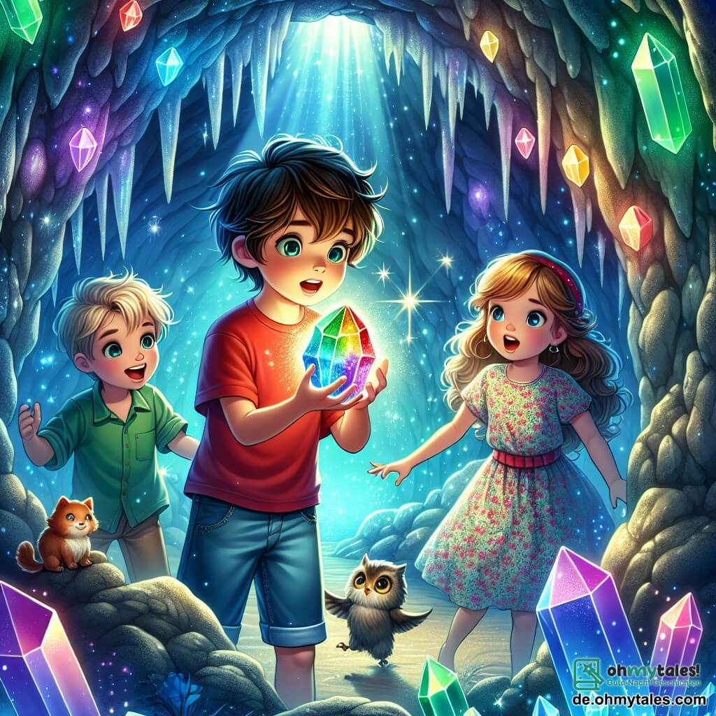 Illustration einer magischen Szene in einer kleinen Höhle, die von bunten Kristallen erleuchtet wird. Die Wände der Höhle funkeln in Blau-, Grün- und Violetttönen und schaffen eine märchenhafte Atmosphäre. In der Mitte steht ein 9-jähriger Junge mit zerzausten braunen Haaren und neugierigen, funkelnden Augen, der einen wunderschönen, mehrfarbigen Kristall in seinen Händen hält. Er trägt ein rotes T-Shirt und eine Jeansshorts, und sein Gesicht drückt Staunen aus. An seiner Seite zwei Freunde: ein 9-jähriges Mädchen mit langen, lockigen Haaren und einem Blumenkleid, das den Kristall fasziniert betrachtet, und ein 10-jähriger Junge mit blonden Haaren und einem schelmischen Lächeln, der auf ein geheimnisvolles Symbol an der Wand zeigt. Alle drei sind von der Entdeckung des Schatzes begeistert, umgeben von funkelnden Lichtern und tanzenden Schatten, während eine kleine Eule sie von einem Felsen aus beobachtet und dem Abenteuer eine geheimnisvolle Note verleiht.