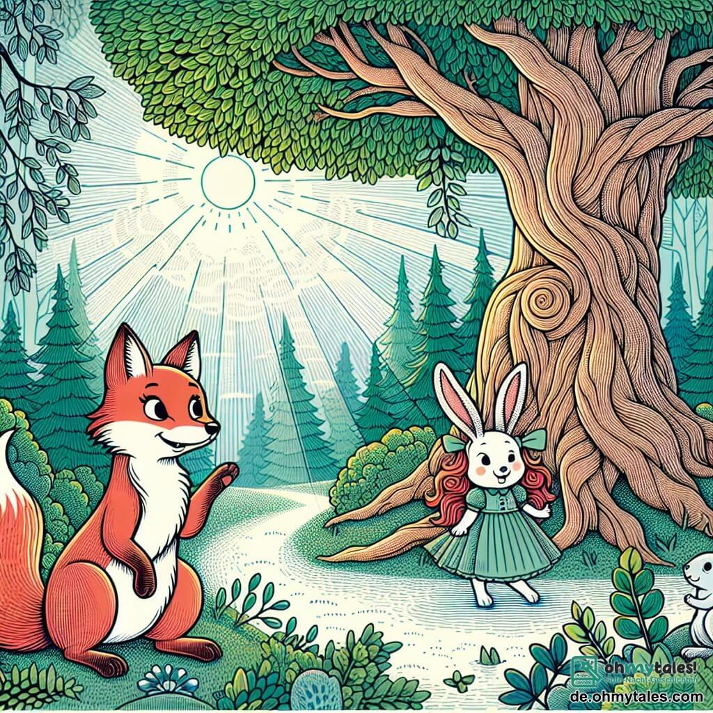 Une illustration destinée aux enfants représentant un rusé renard, une petite fille lapin timide, et un majestueux arbre centenaire au cœur d'une forêt enchantée aux couleurs chatoyantes et aux rayons de soleil filtrant à travers le feuillage.