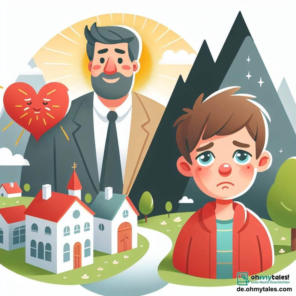 Une illustration destinée aux enfants représentant un homme au grand cœur, un garçon au regard triste, et une petite ville ensoleillée au bord d'un bois sombre.